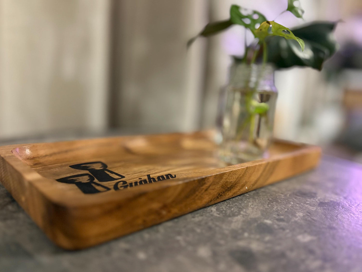 Chamorro Latte Stone Teak Tray: Guahan Engraved Wood Dish