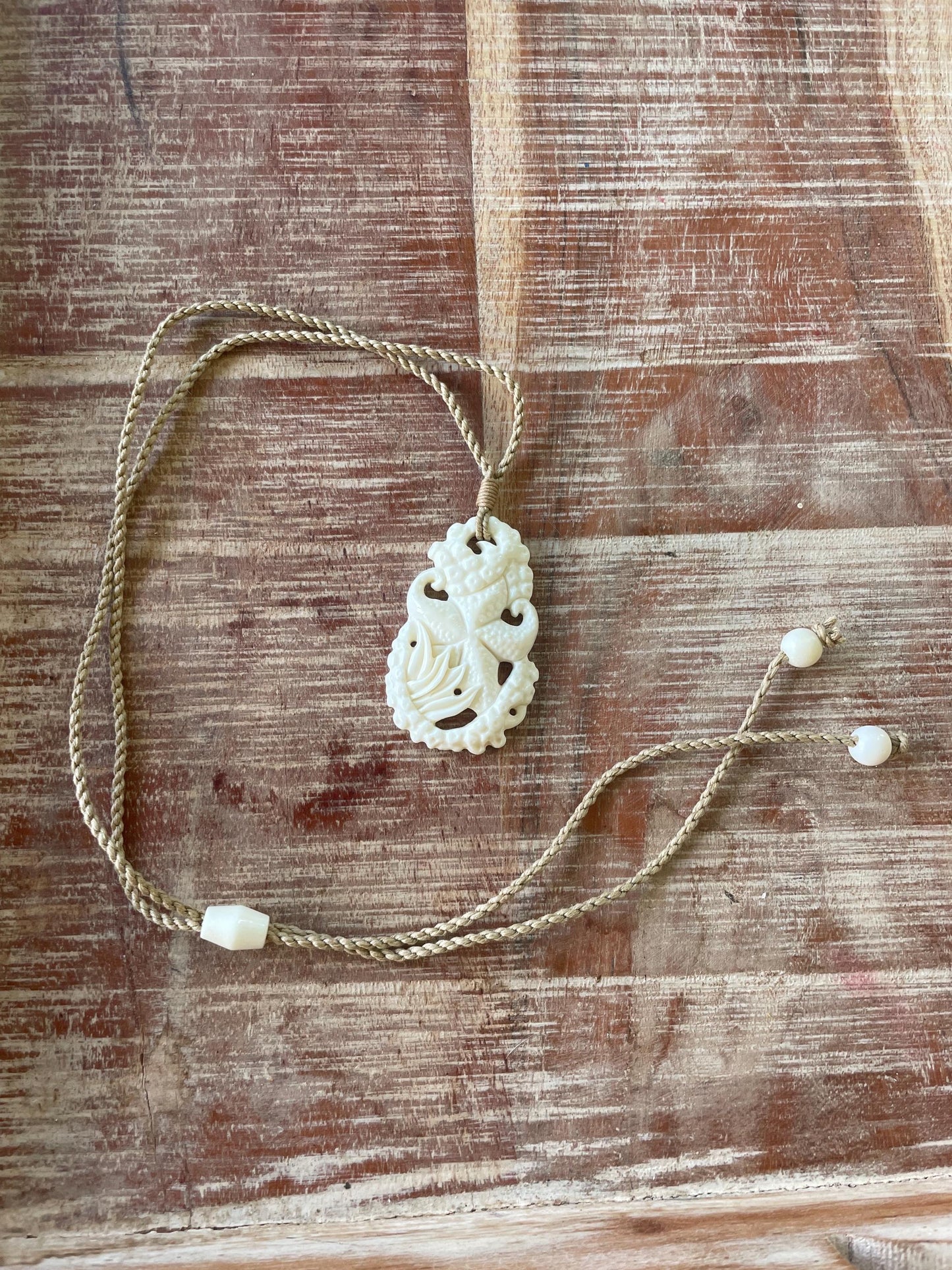 Hand Carved Buffalo Bone Starfish Pendant, Adjustable Surfer Cord