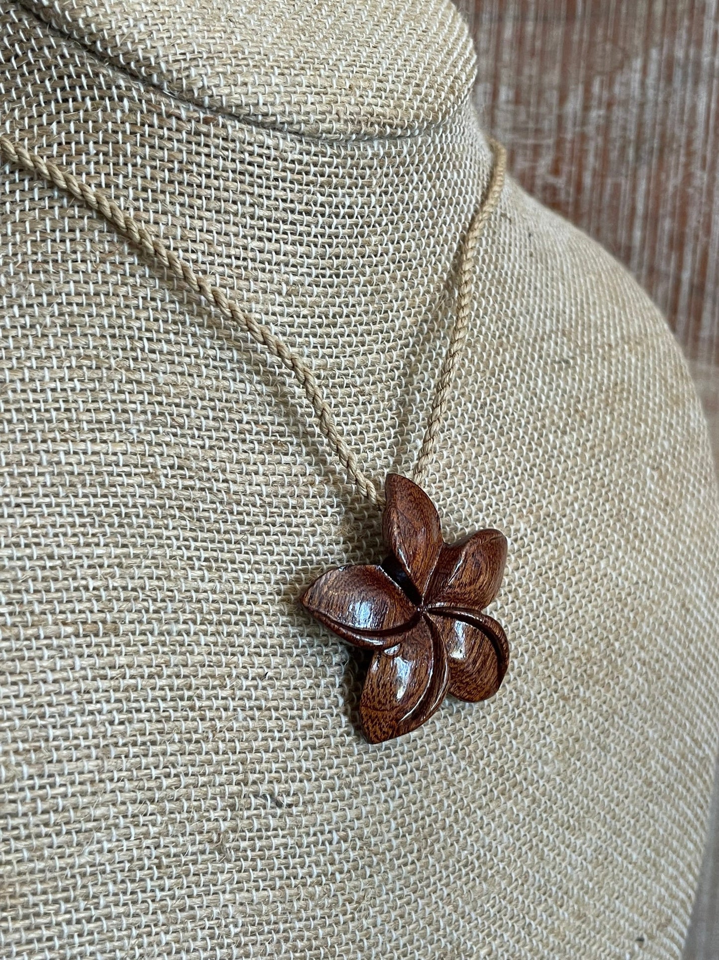 Hand Carved Koa Wood Plumeria Pendant – Adjustable Hemp Necklace