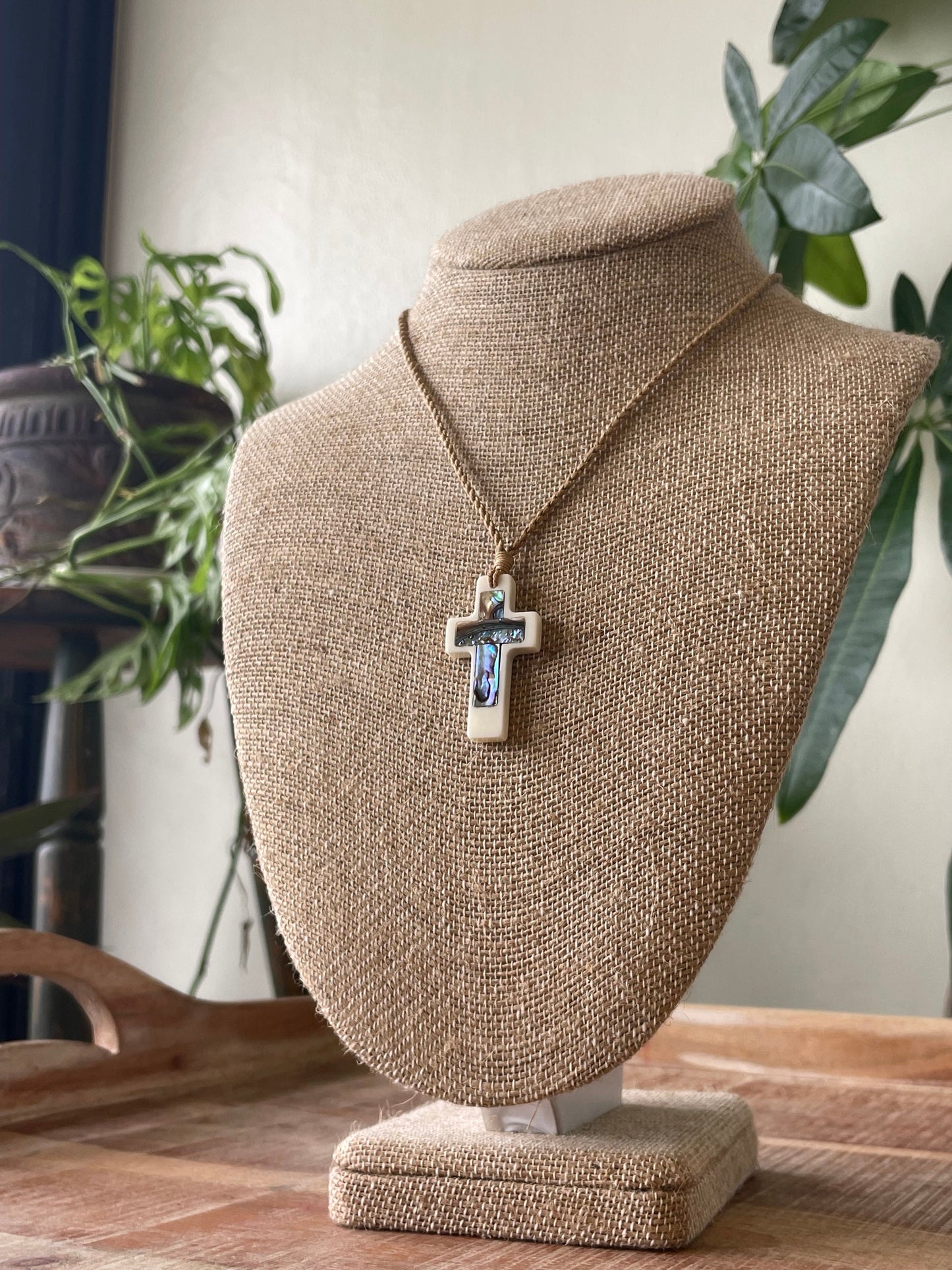 Christian Bone and Abalone Shell Cross Adjustable Necklace Polynesian Handcrafted Surfer Style