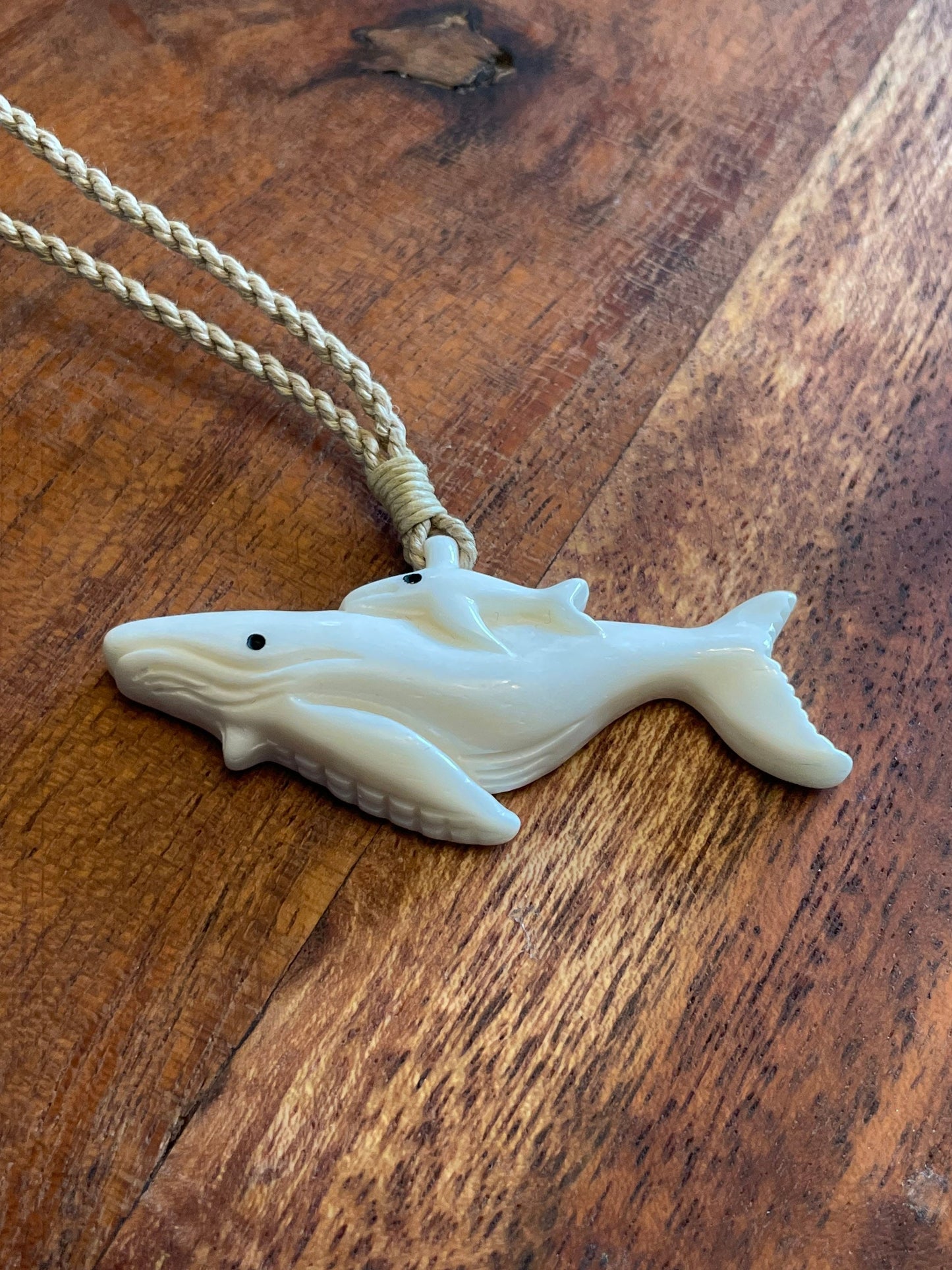 Hand Carved Bone Whale Necklace, Polynesian Mother and Baby