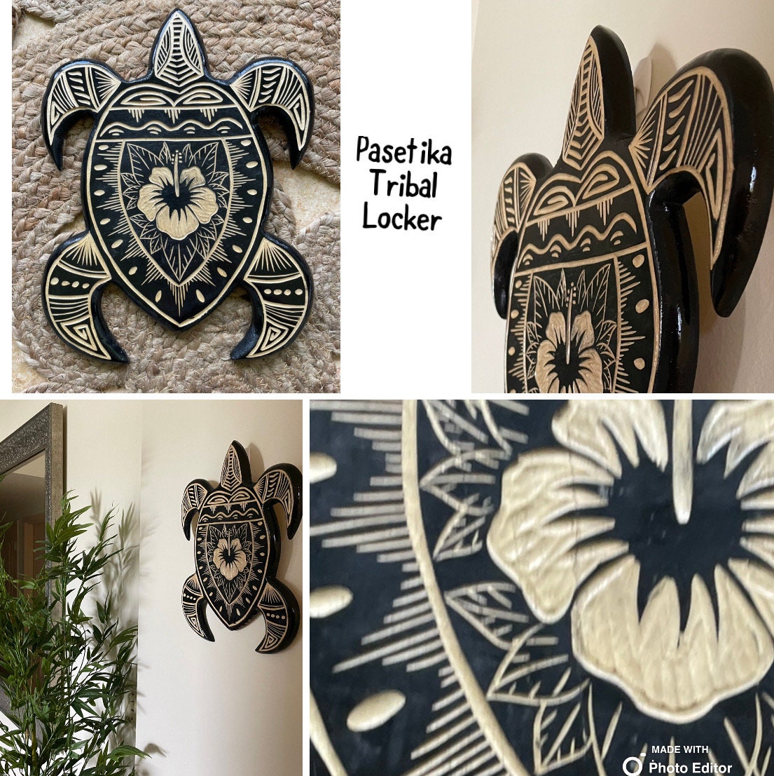 Hand Carved Sea Turtle Plaque – Polynesian Hibiscus Wood Wall Art
