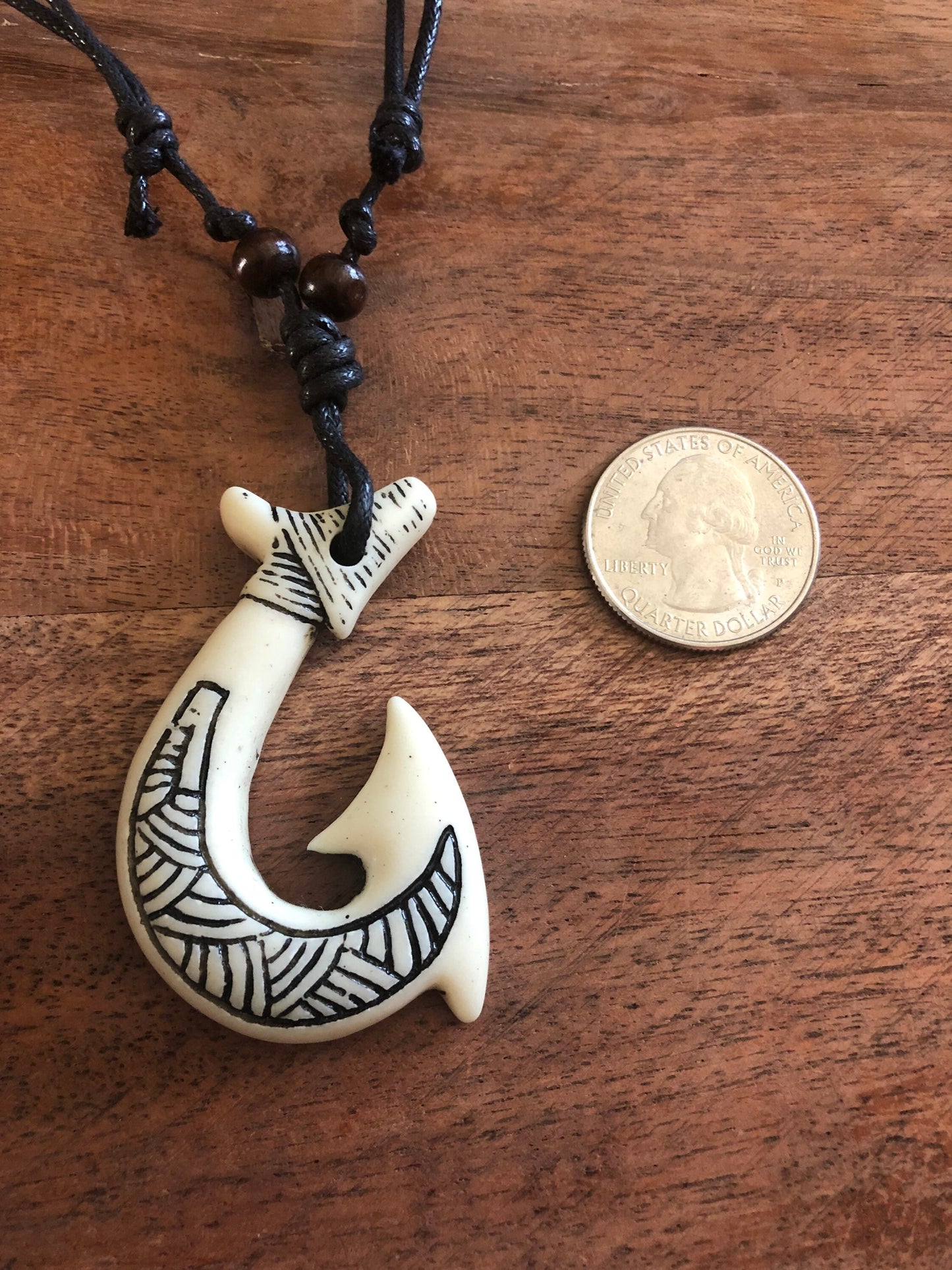 Buffalo Bone Makau Necklace: Polynesian Fish Hook, Adjustable Boho Surfer Style