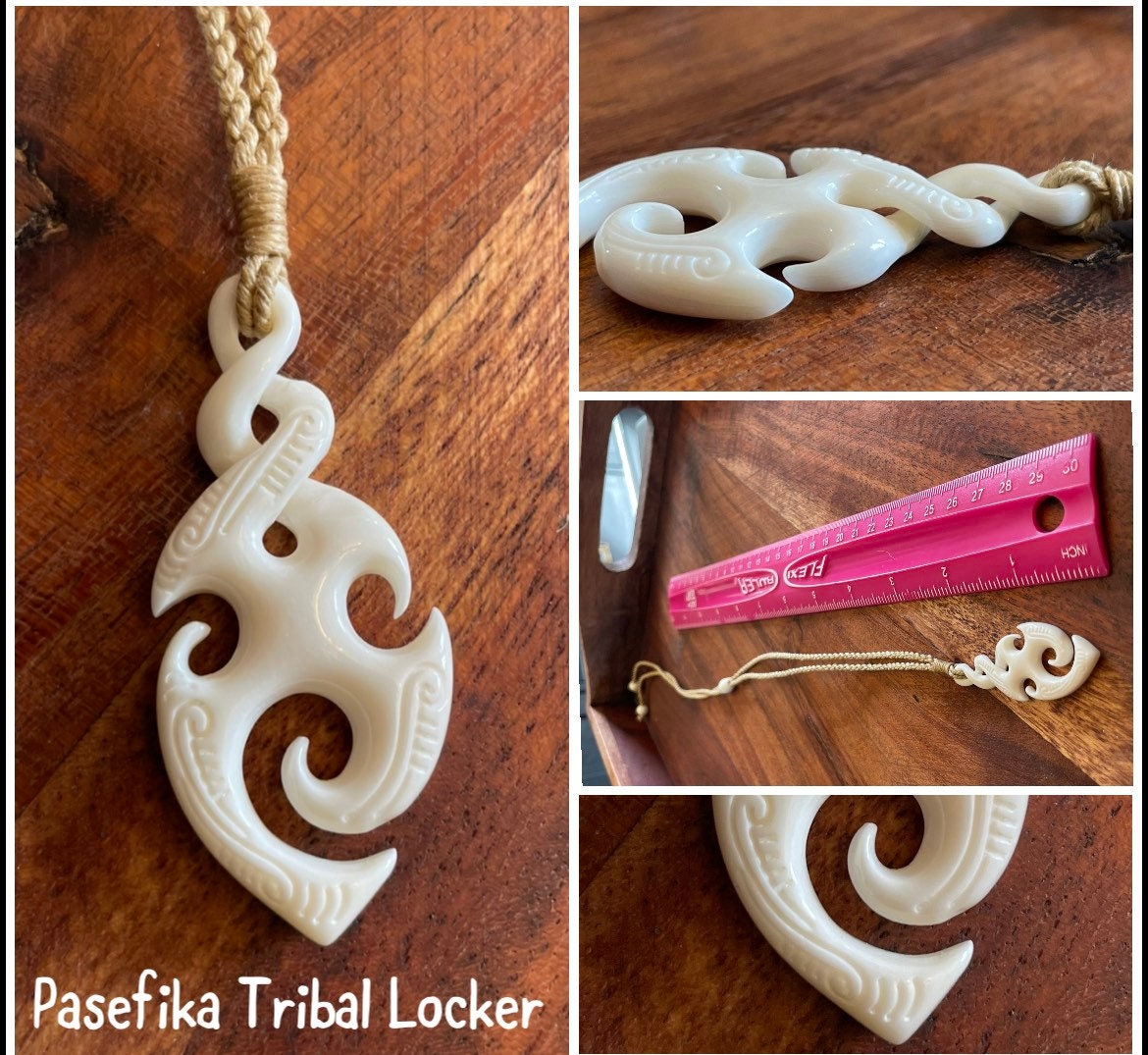 Hand Carved Buffalo Bone Pikorua Necklace, Adjustable Polynesian Jewelry