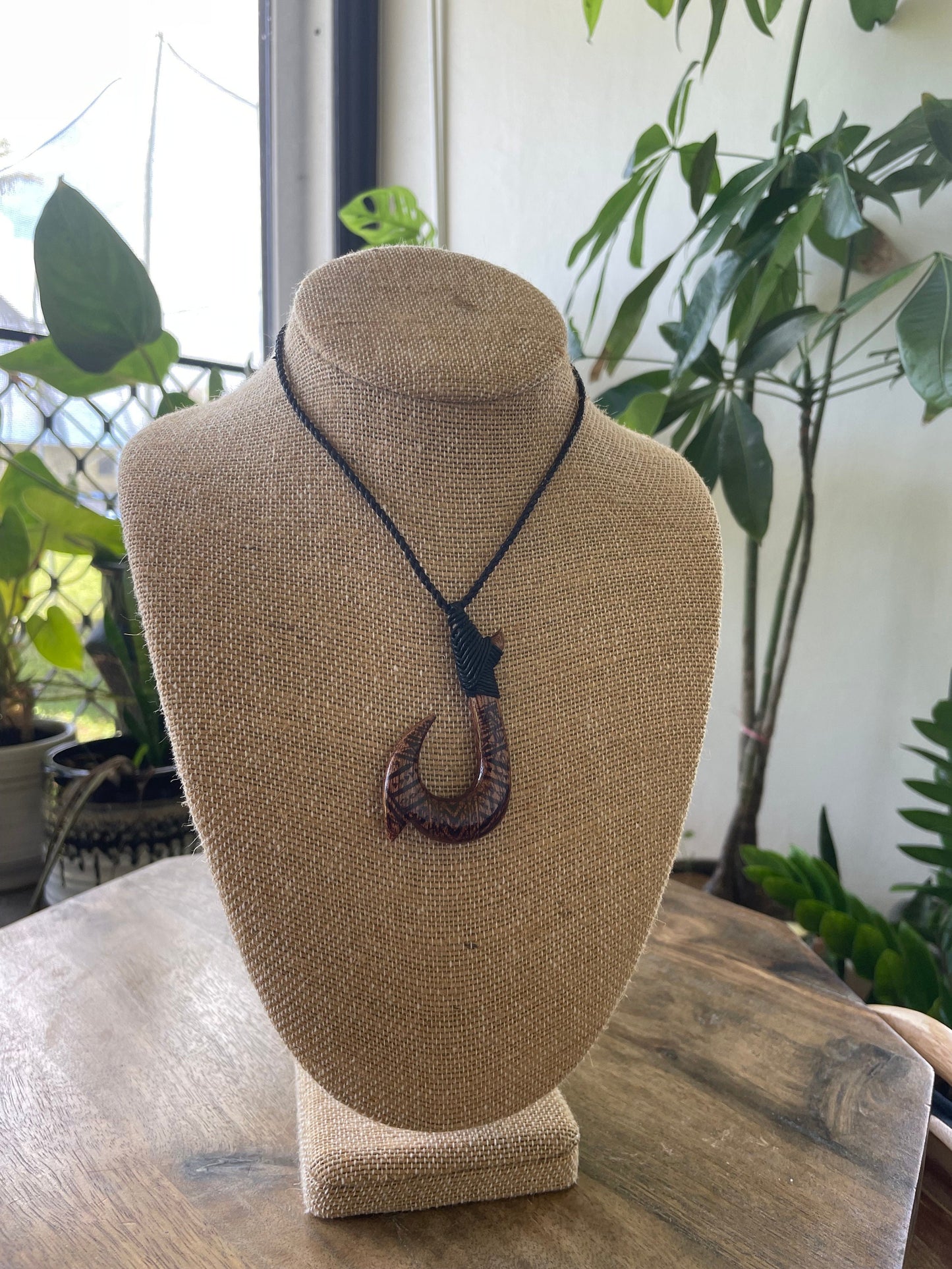 Handsomely Hand Carved Koa Wood Hawaiian Makau (Fish Hook) Necklace with Traditional Polynesian Designs. Adjustable Surfer Cord for Anyone