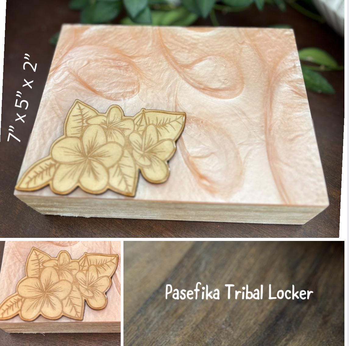 Hand-Crafted Polynesian & Micronesian Wooden and Faux Shell Inlay Box with a Plumeria Burned Wood Decor