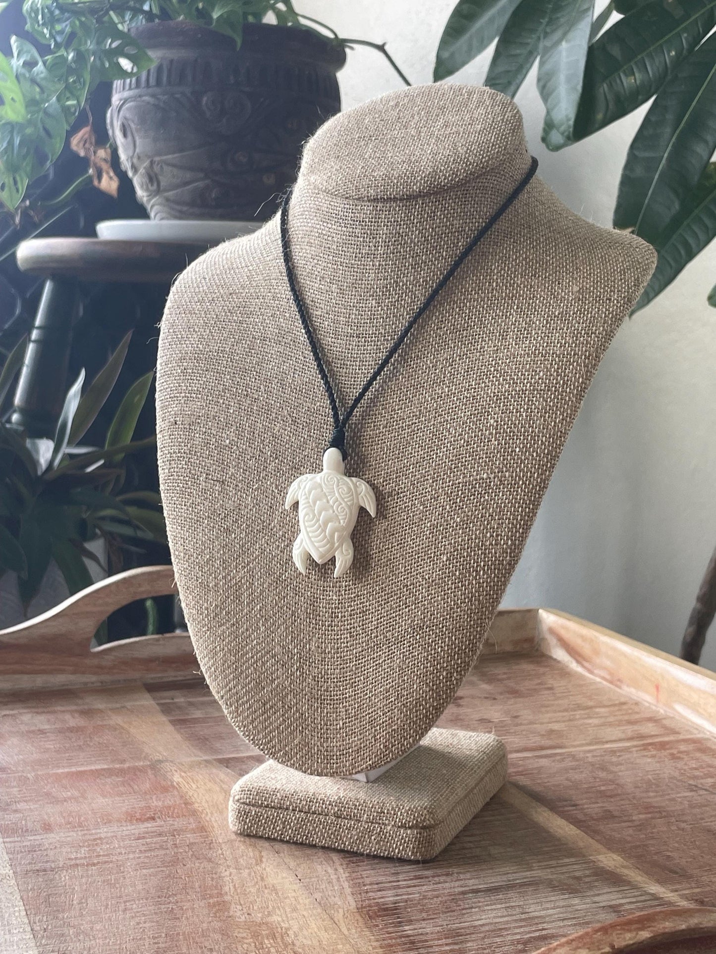 Hand Carved Buffalo Bone Sea Turtle Pendant – Adjustable Boho Necklace