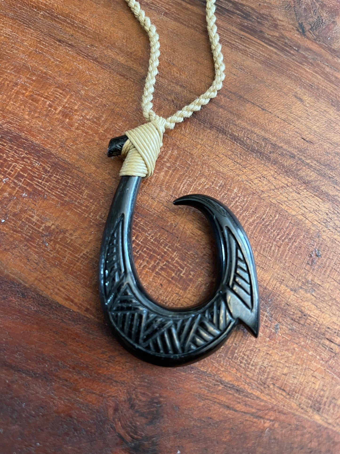 Hand Carved Buffalo Bone Makau Necklace: Micronesian/ Polynesian Fish Hook Pendant