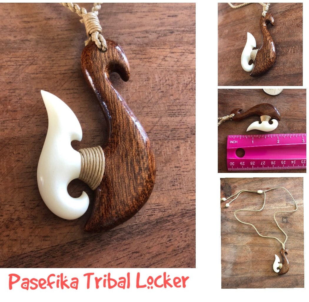 Authentically Hand Carved Buffalo Bone and Koa Wood Makau or Fish Hook Adjustable Necklace