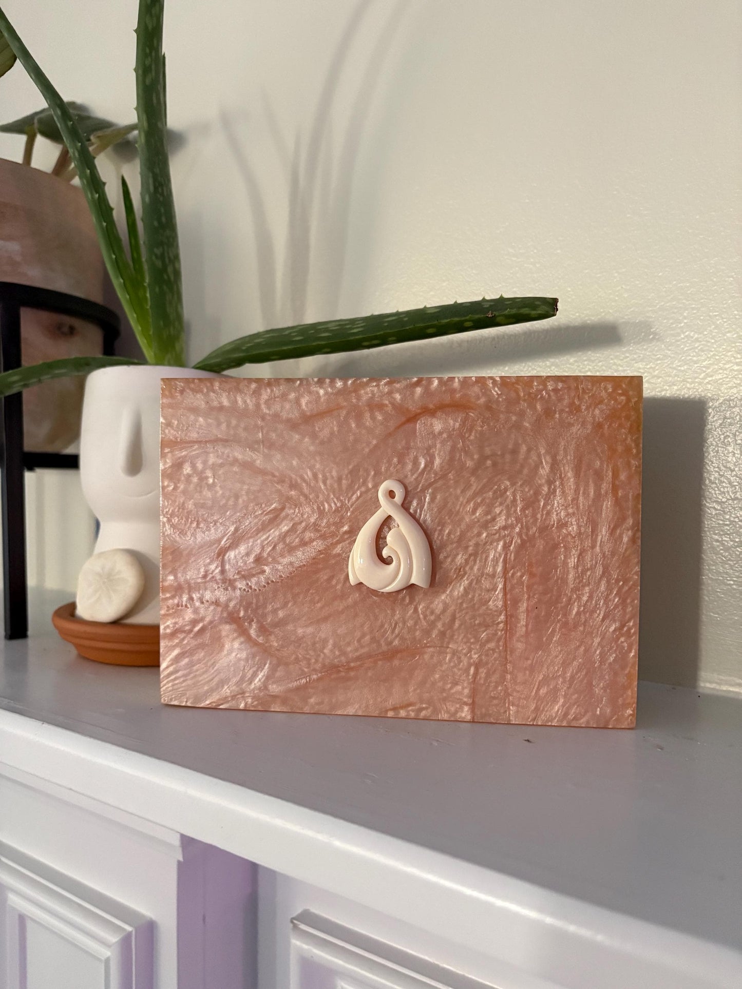 Hand-Crafted Polynesian & Micronesian Wooden and Faux Shell Inlay Box with Bone Koru Decor