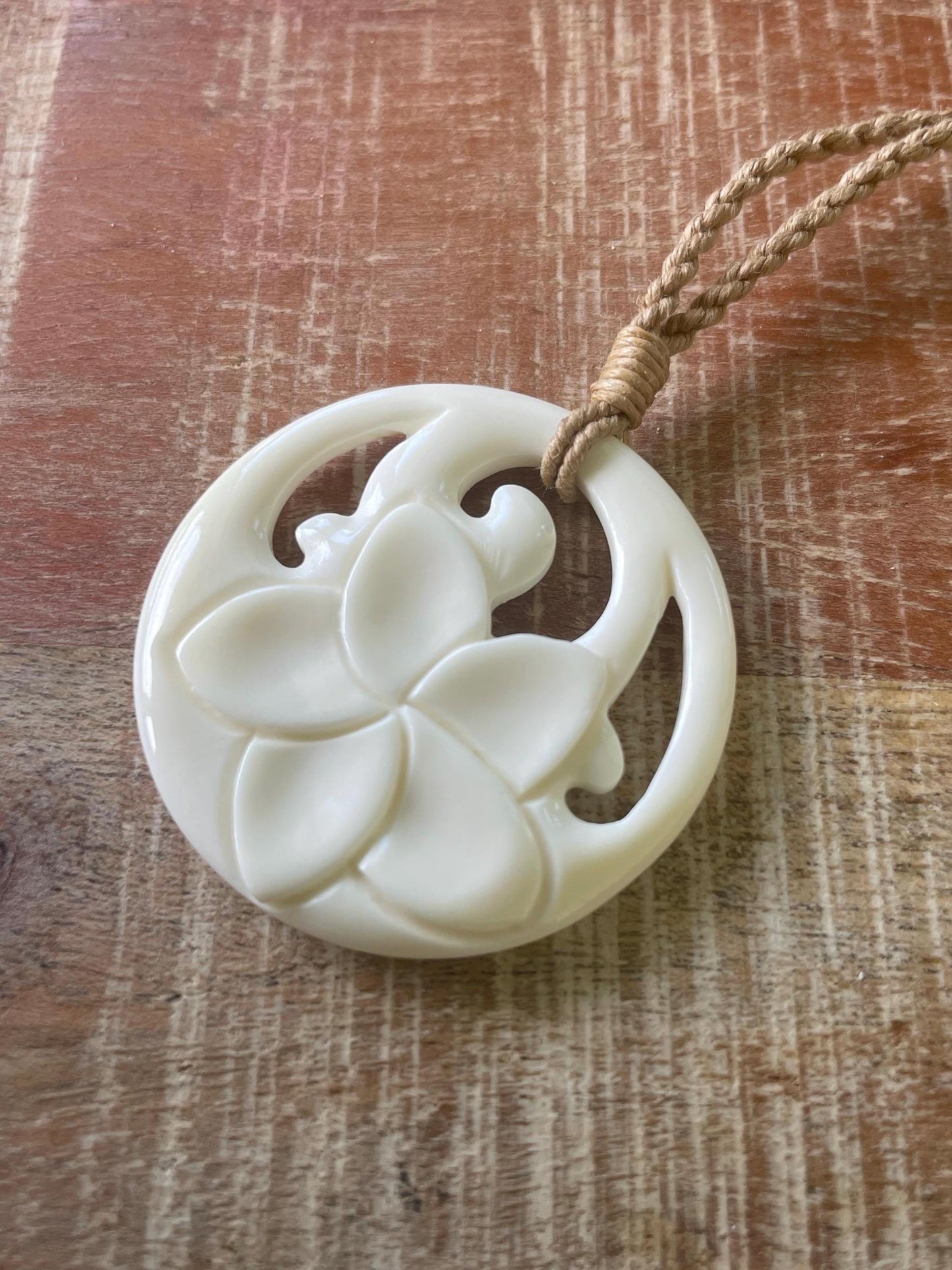 Hand Carved Bone Plumeria Necklace, Polynesian Boho Jewelry