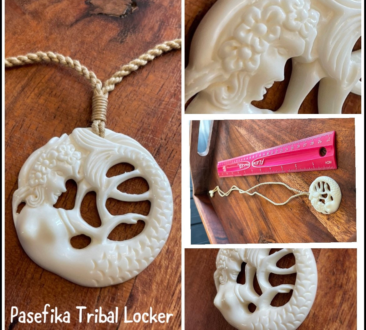 Hand Carved Buffalo Bone Mermaid Necklace - Polynesian Boho Jewelry