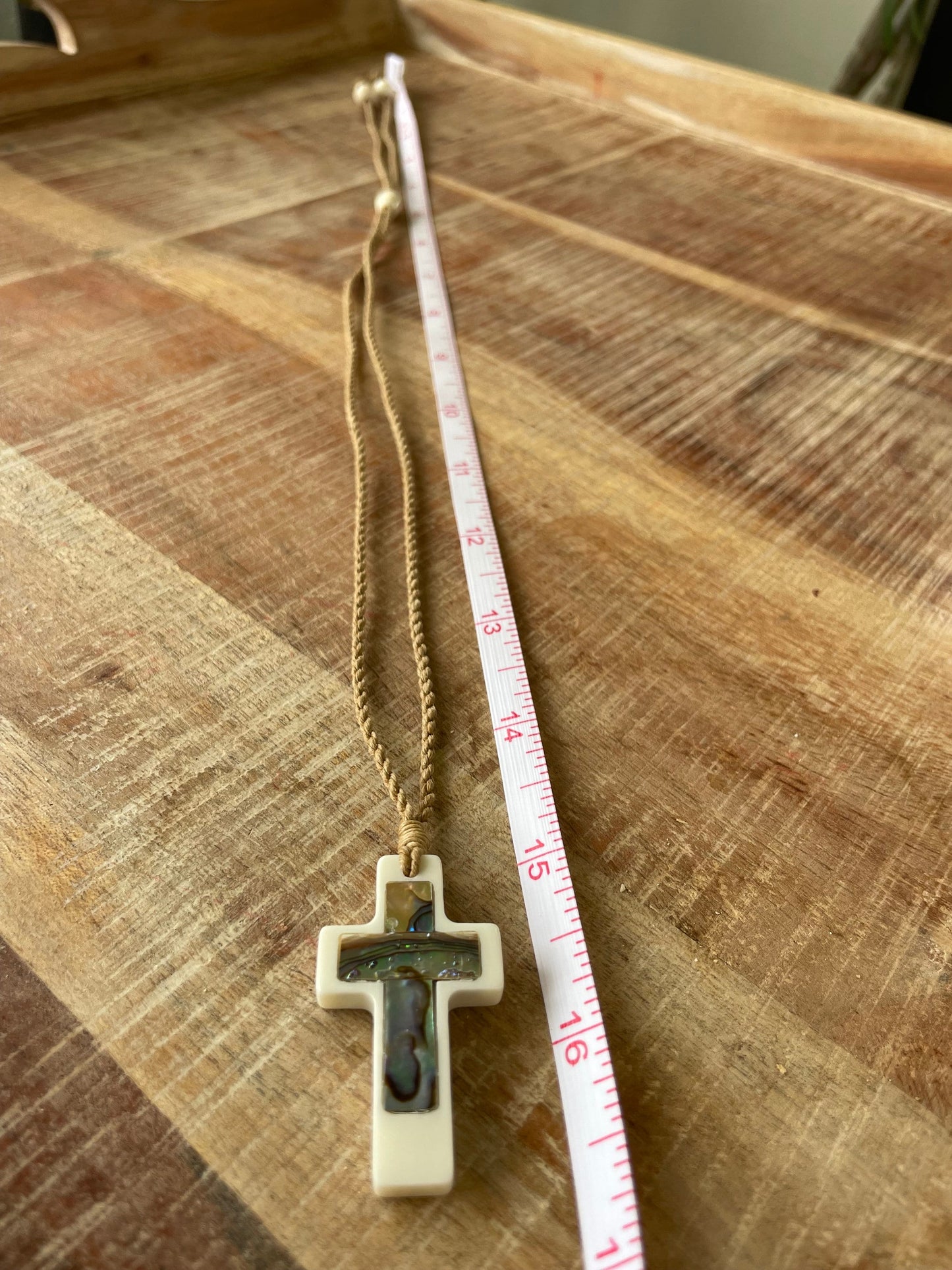 Christian Bone and Abalone Shell Cross Adjustable Necklace Polynesian Handcrafted Surfer Style