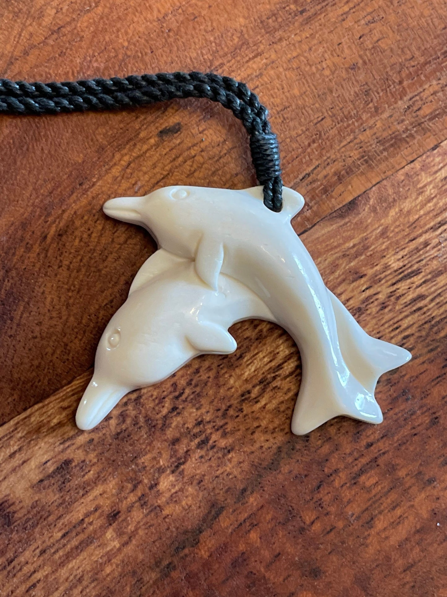 Sweet Set of Hand Carved Solid Bone Polynesian Dolphins Adjustable Necklace