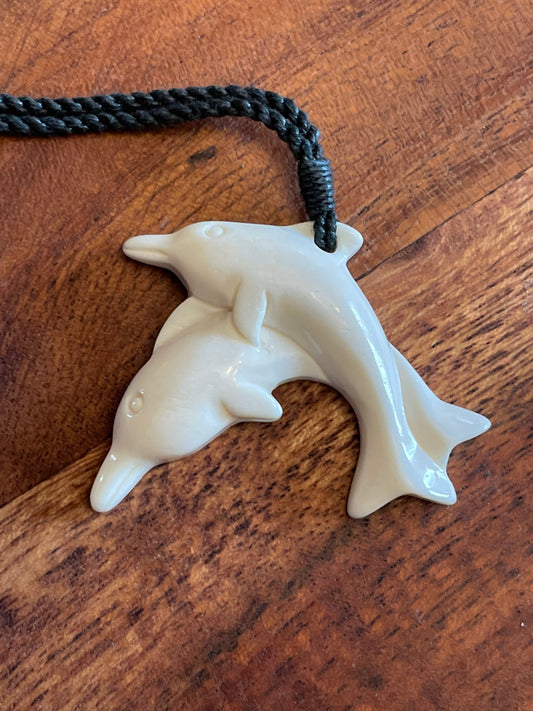 Sweet Set of Hand Carved Solid Bone Polynesian Dolphins Adjustable Necklace