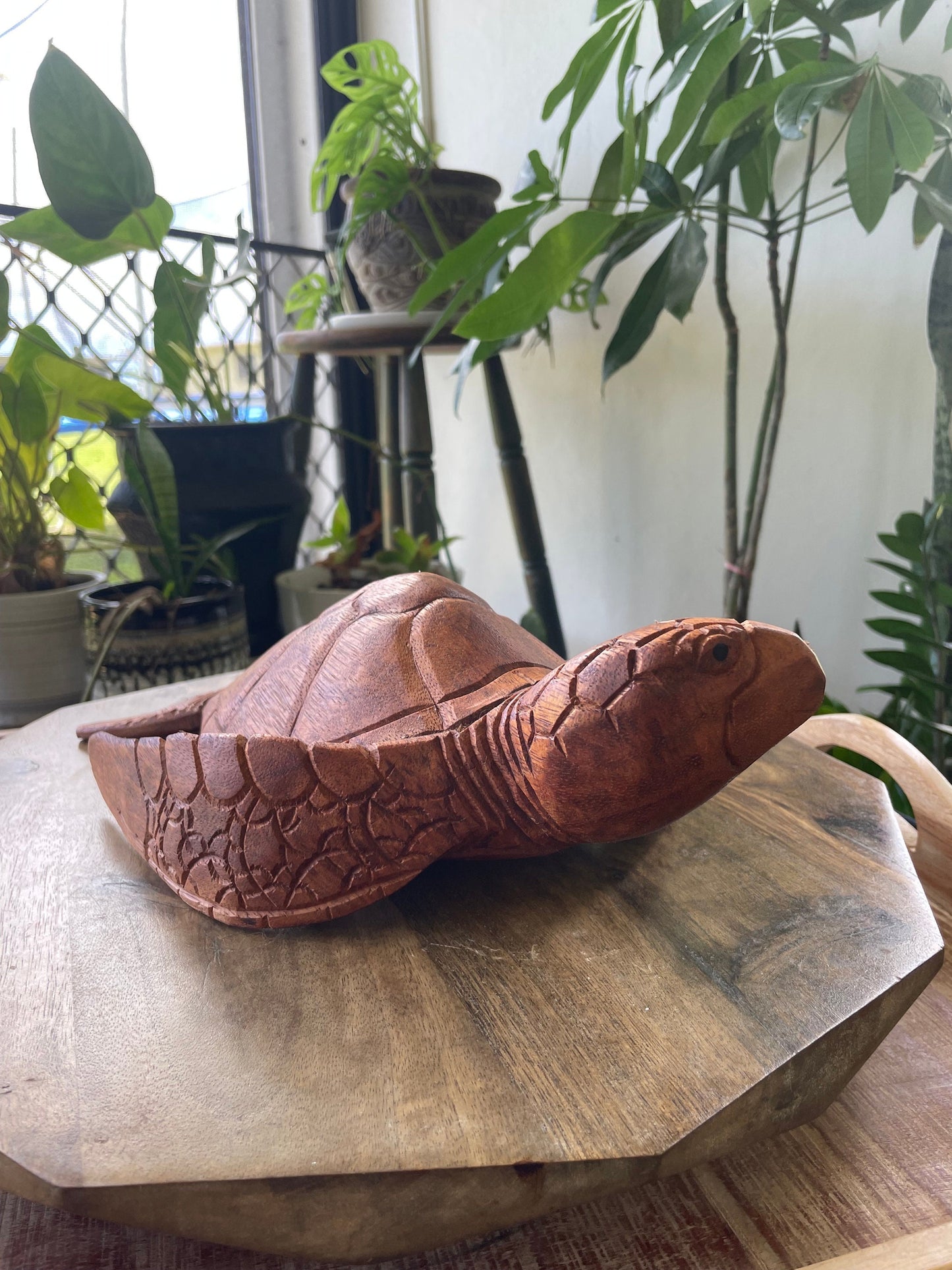 Hand Carved Hibiscus Wood Sea Turtle: Nautical Home Decor (8.5-10" Long)