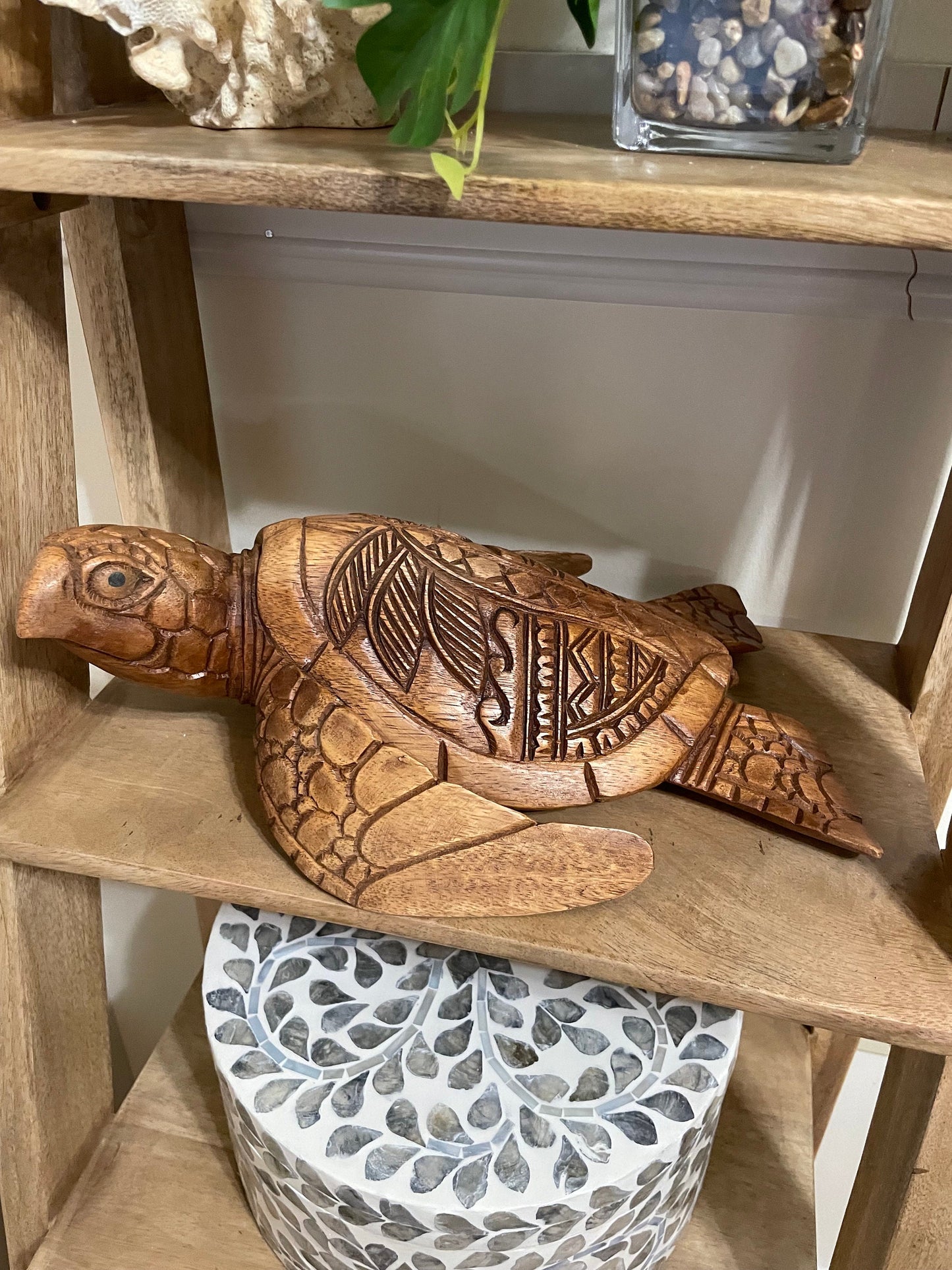 Hand Carved Wood Sea Turtle Decor, Tribal Palm Tree Design
