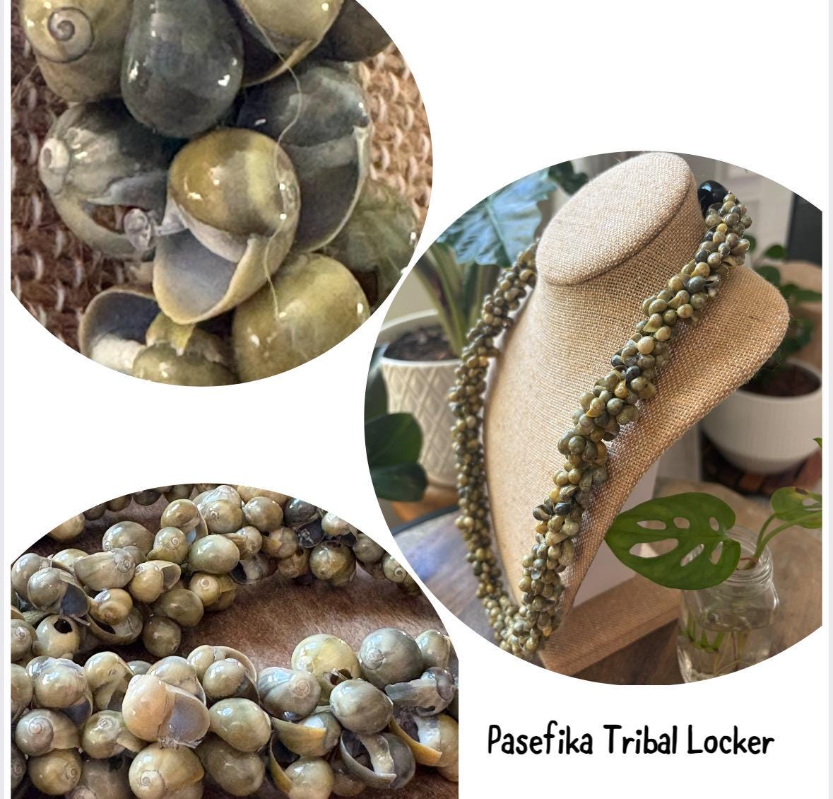 Sage Green Mongo Shell Lei Necklace – Adjustable Ribbon Tie