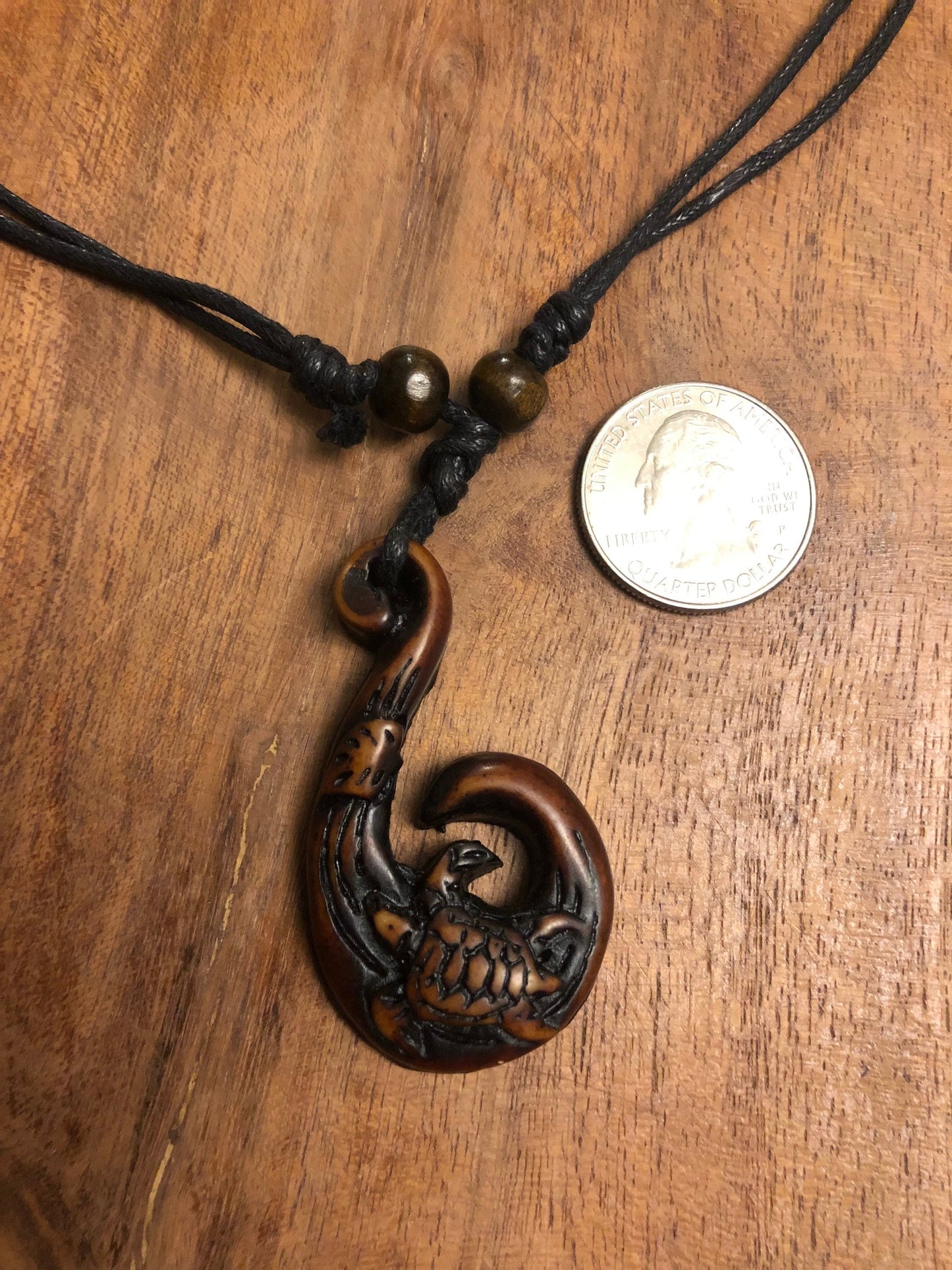 Polynesian Makau Fish Hook Necklace: Buffalo Bone, Sea Turtle, Boho Surfer