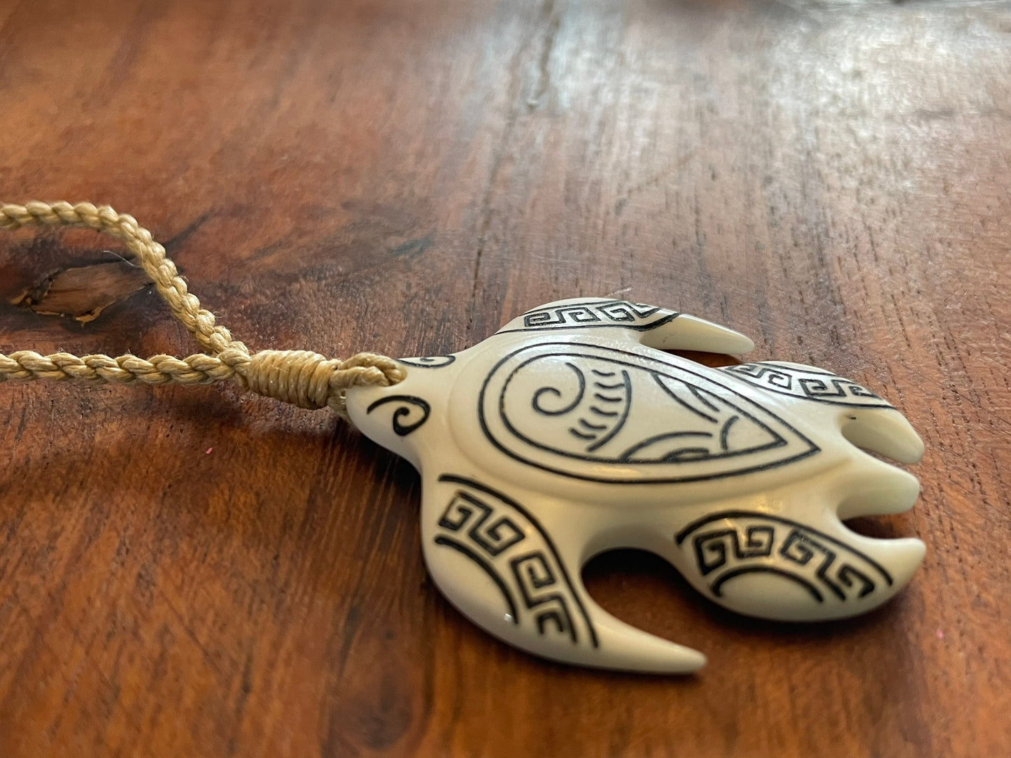 Hand Carved Bone Sea Turtle Necklace, Polynesian Art