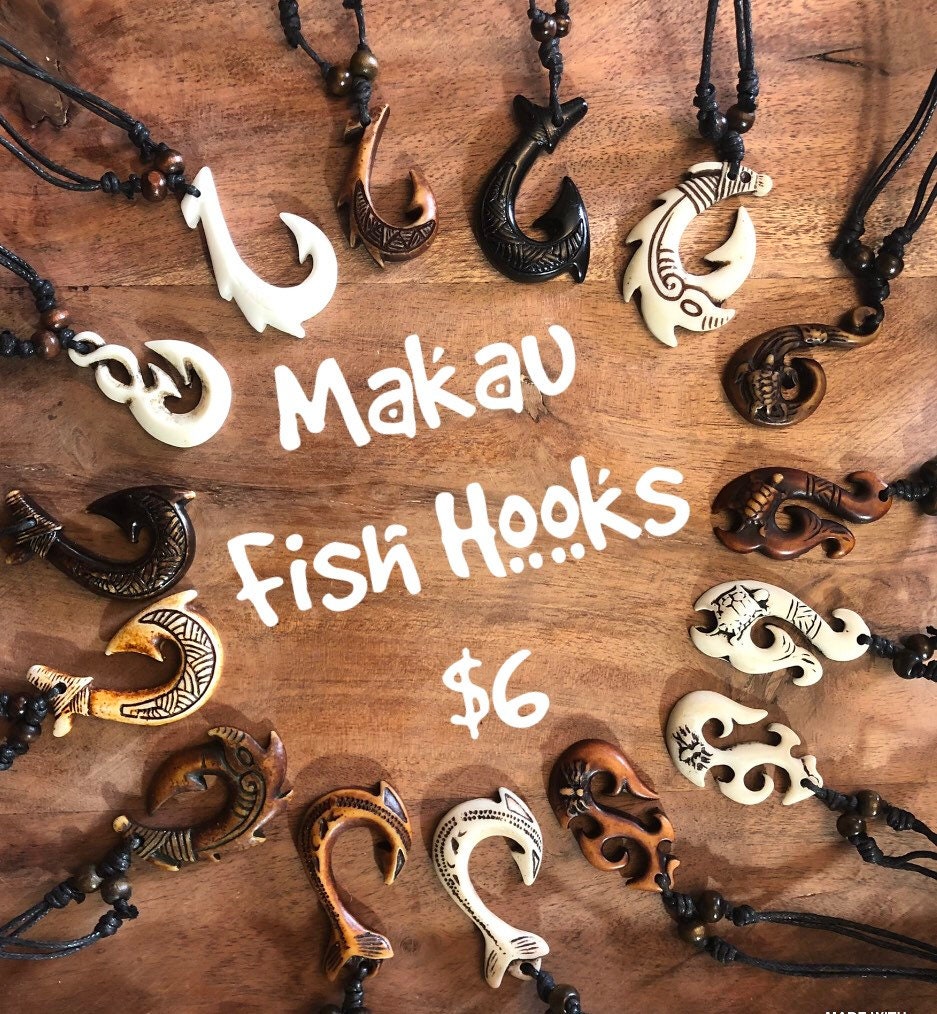 Polynesian Makau Fish Hook Necklace, Buffalo Bone & Resin, Adjustable