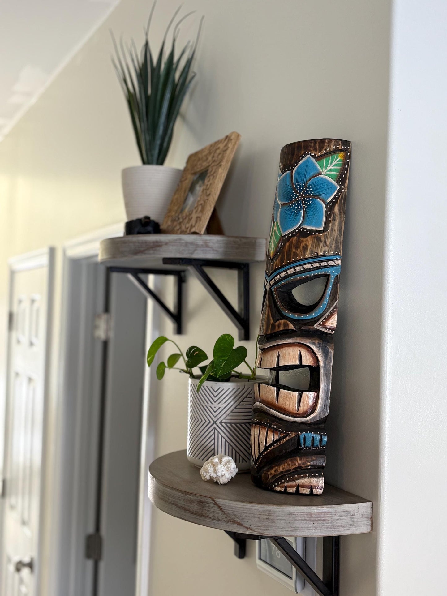 Blue Plumeria Hawaiian Tiki - Lightweight Teakwood Handcarved and Handpainted Display