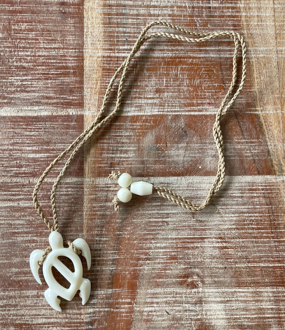 Diver’s Hand Carved Solid Bone Polynesian & Micronesian Dive Flag Turtle Necklace