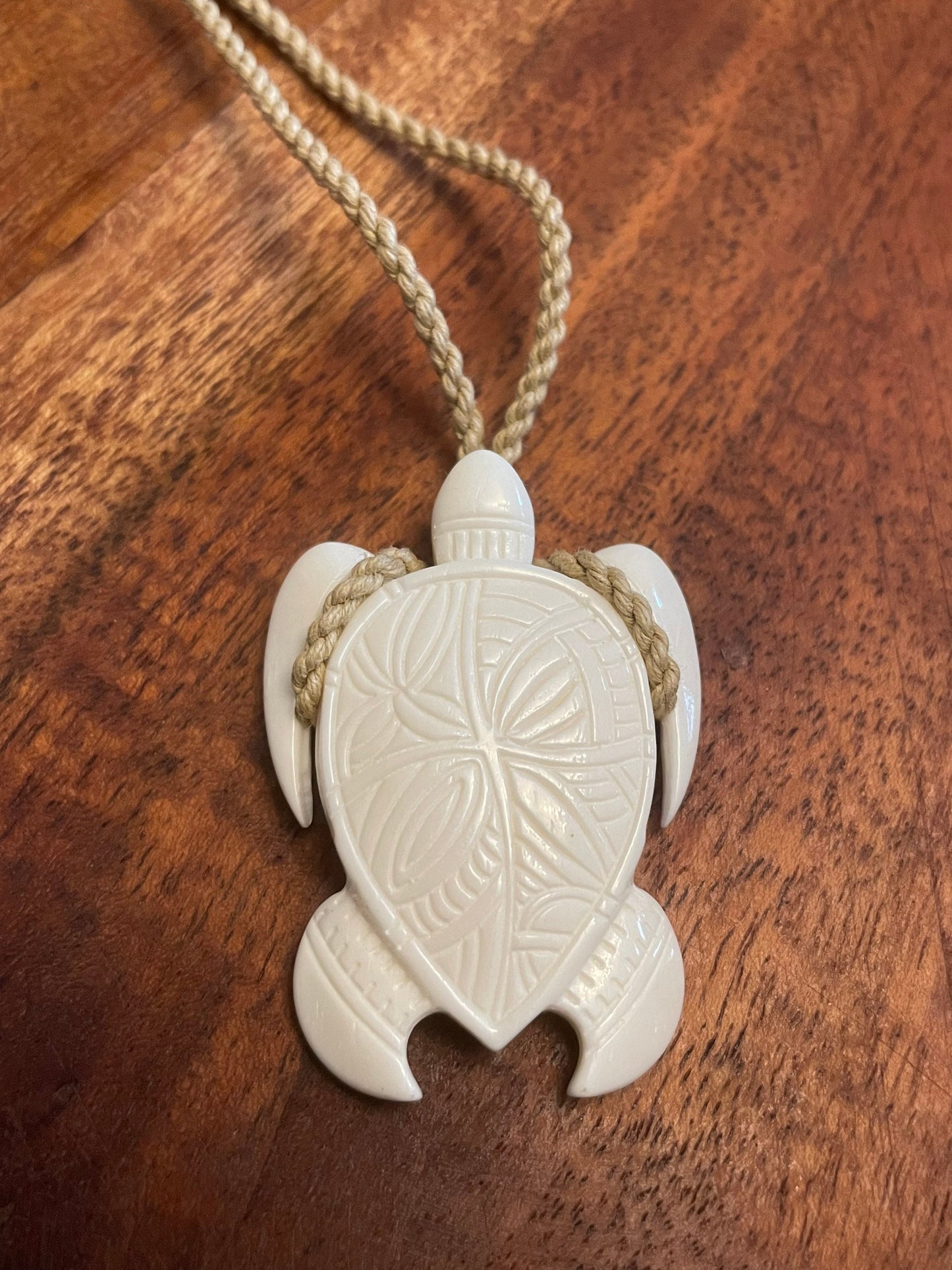 Hand Carved Buffalo Bone Honu Pendant - Adjustable Sea Turtle Necklace