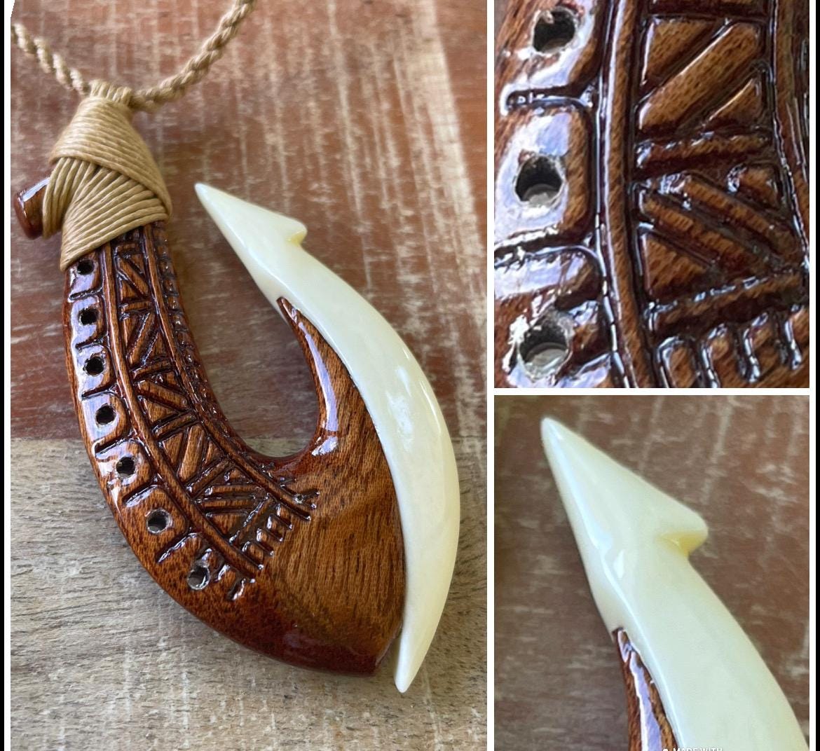 Handcarved Bone & Koa Wood Makau Necklace – Adjustable Cord