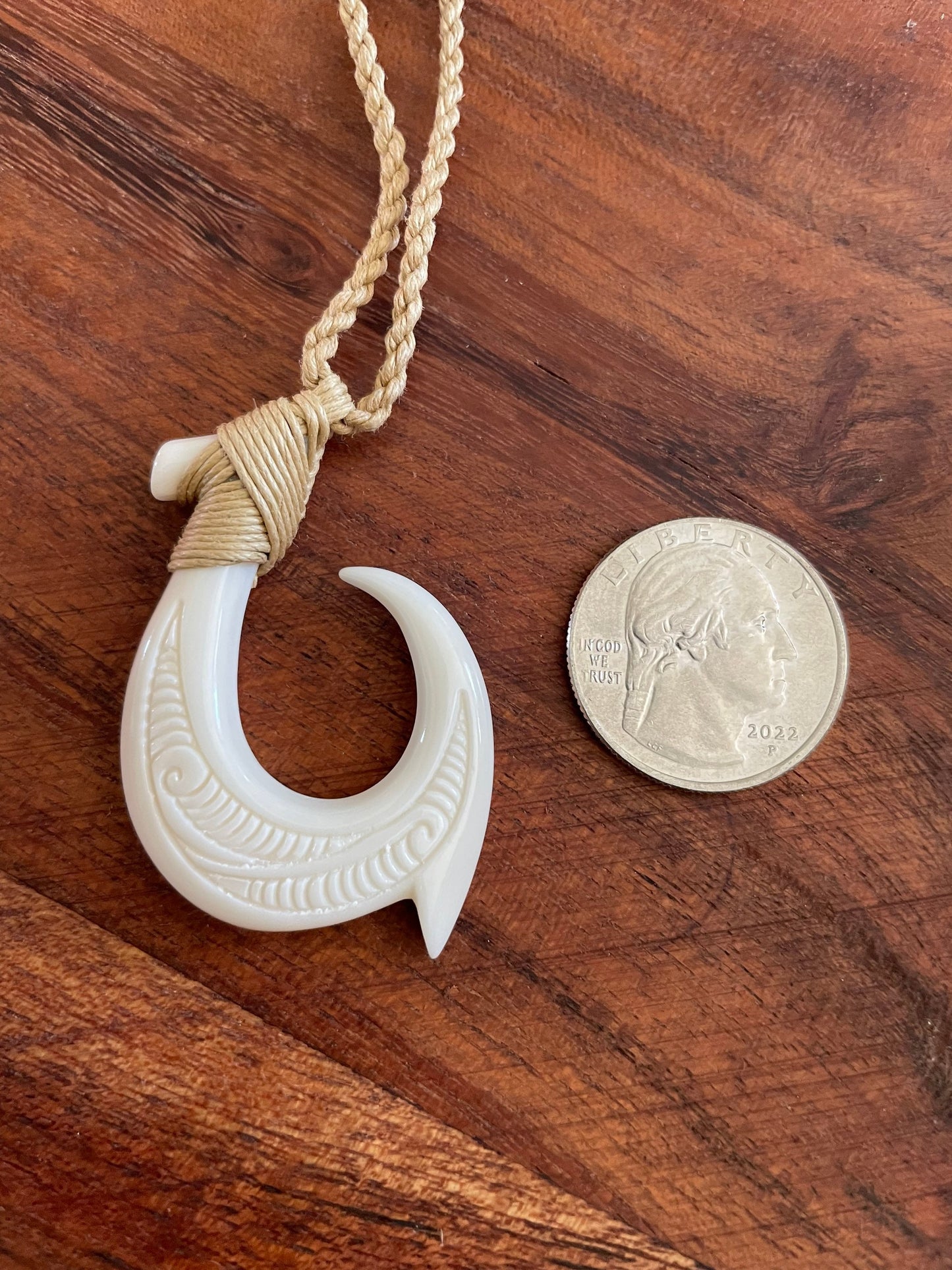 Polished Polynesian Solid Buffalo Bone Hei-Makau Fish Hook Adjustable Necklace