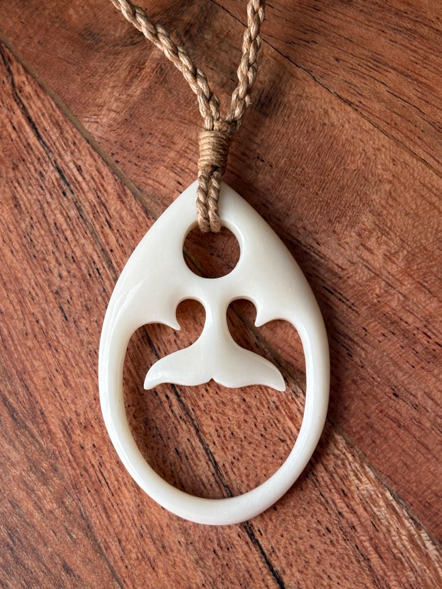 Solid Buffalo Bone Hand Carved Whale Tail Adjustable Pendant and Surfer Cord Necklace