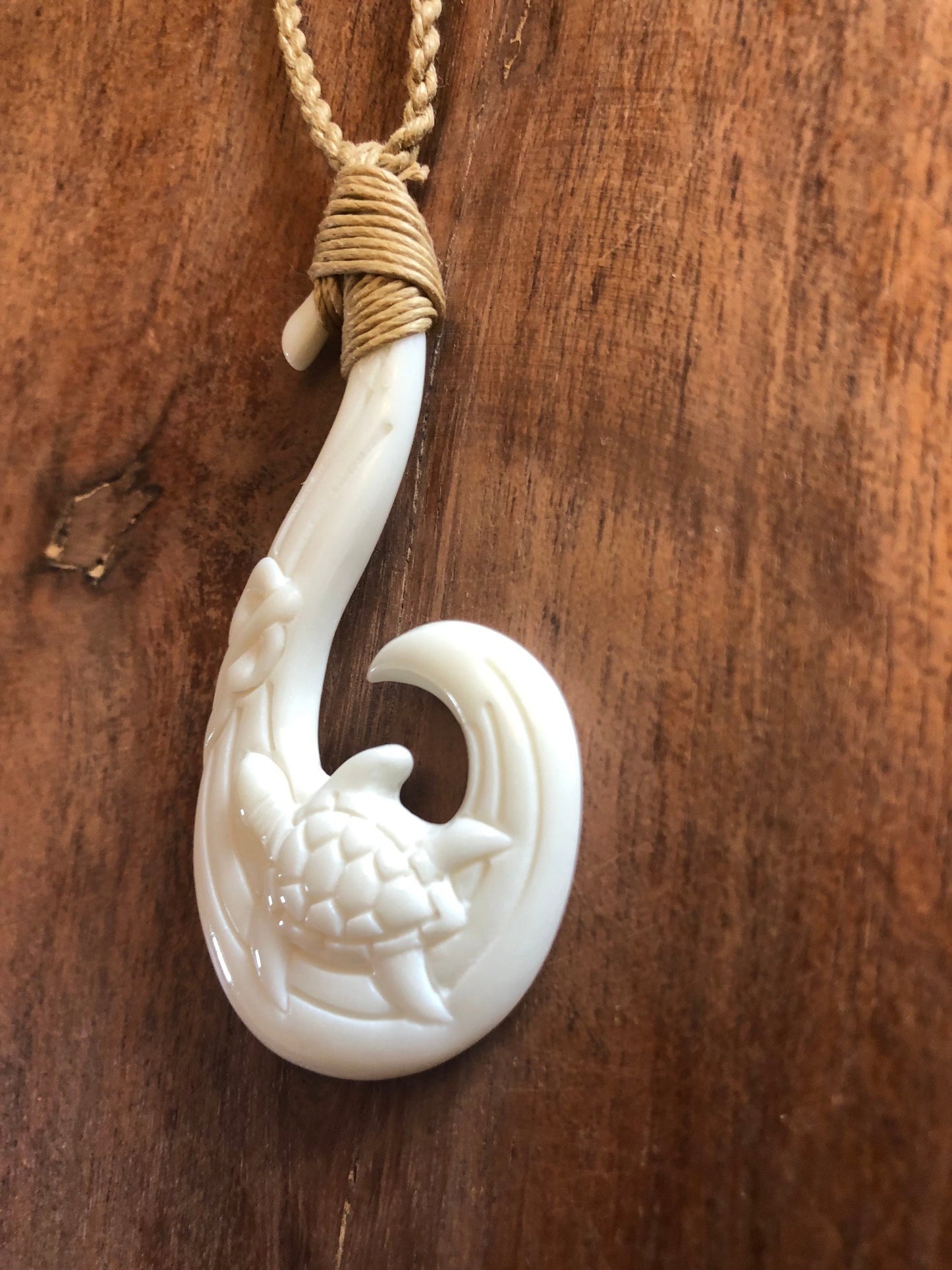 Hand Carved Buffalo Bone Fish Hook Necklace - Honu Sea Turtle Makau