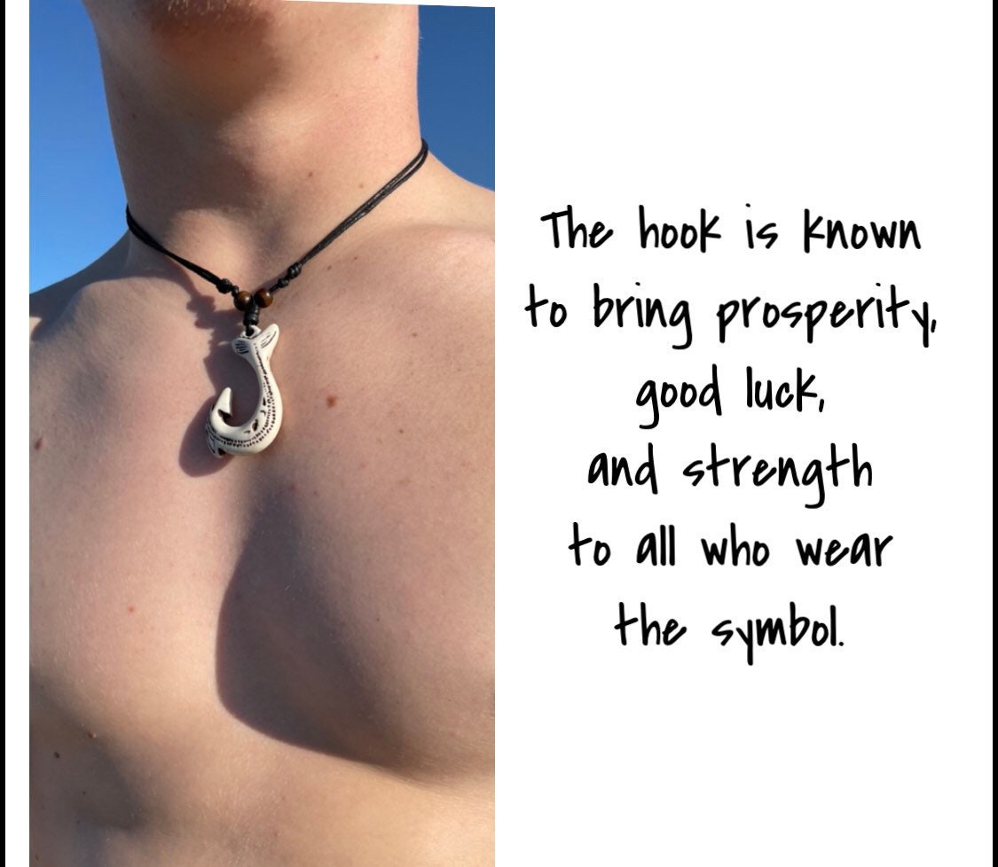 Polynesian Makau Fish Hook Necklace, Buffalo Bone & Resin, Adjustable