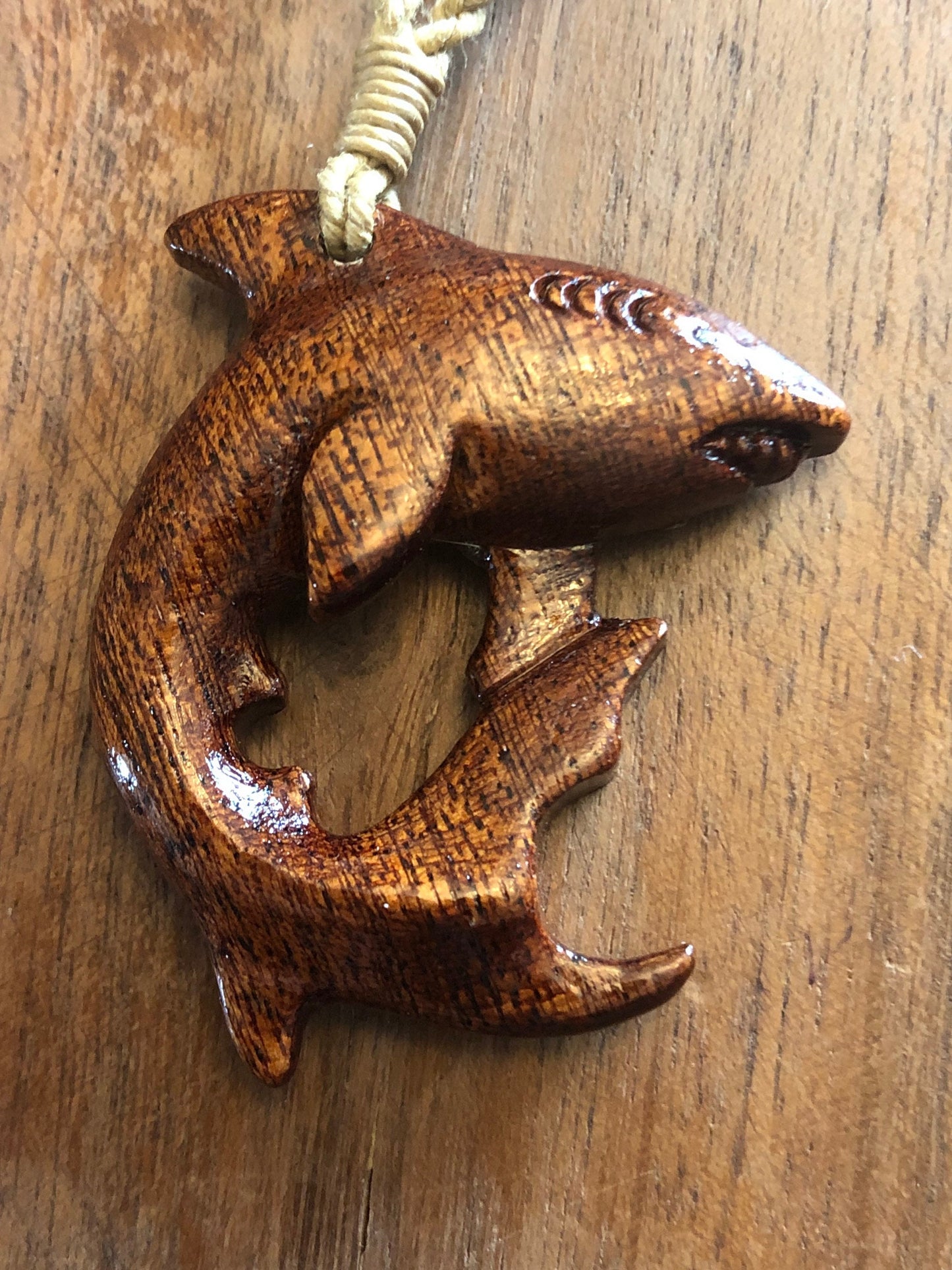 Oceanic Wildlife Art- Solid Koa Wood Handcarved Shark Adjustable Necklace