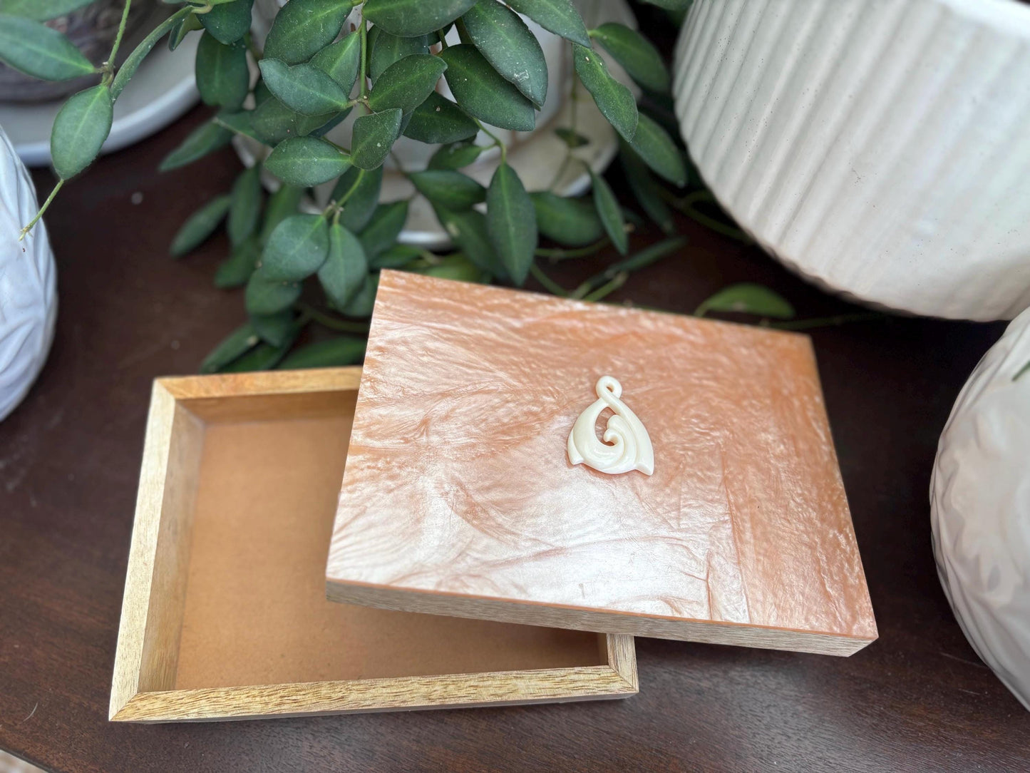 Hand-Crafted Polynesian & Micronesian Wooden and Faux Shell Inlay Box with Bone Koru Decor