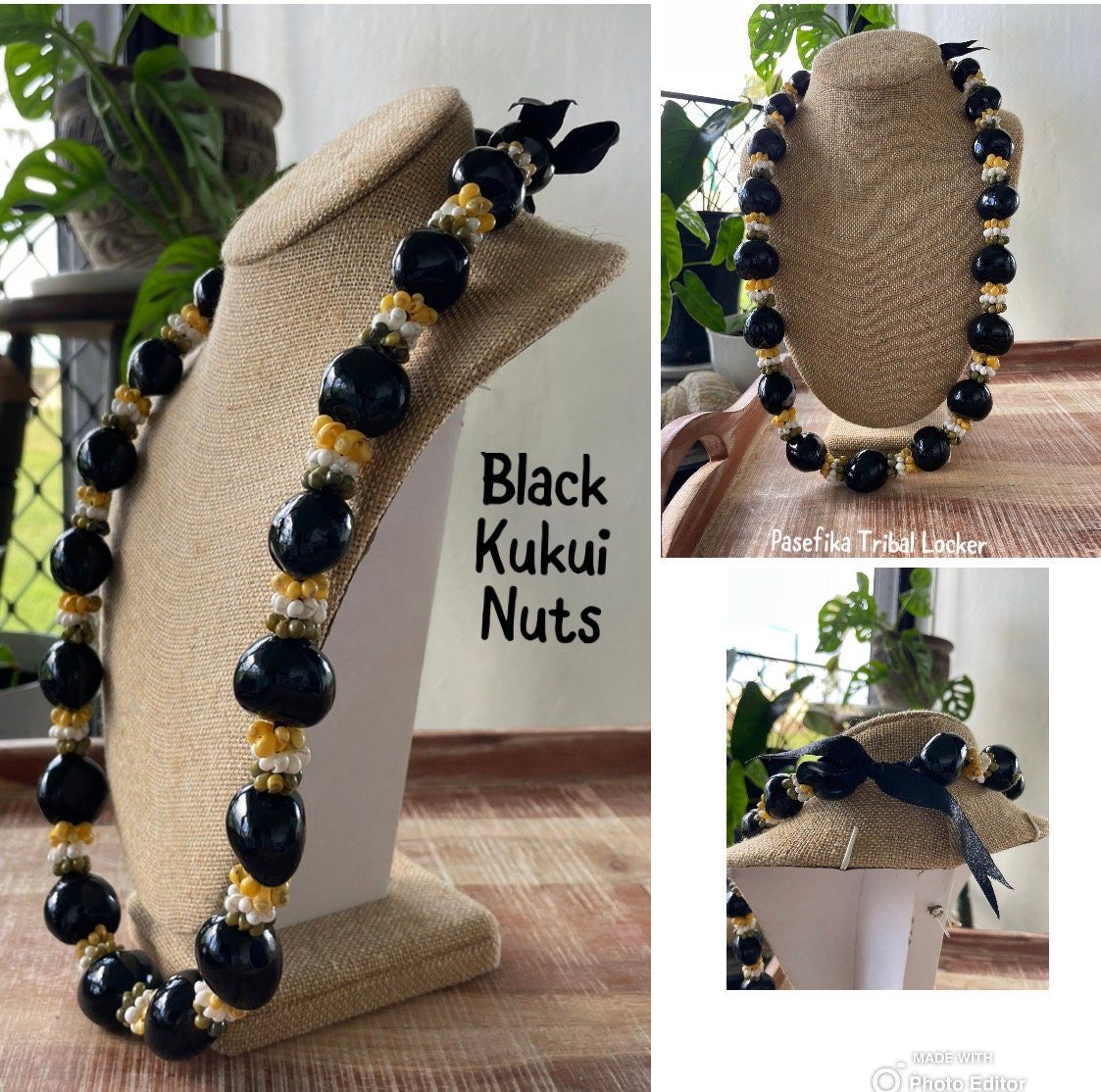 Authentic Kukui Nut Lei – Mongo Shell Necklace, Adjustable Ribbon