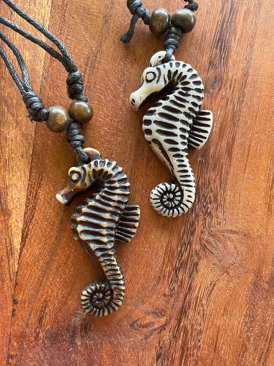 Detailed Handcrafted Bone & Resin Seahorse Pendant Adjustable Necklace