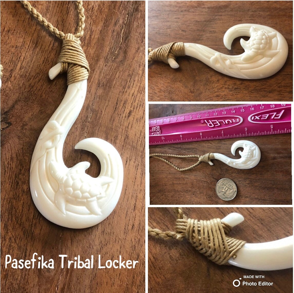 Hand Carved Buffalo Bone Fish Hook Necklace - Honu Sea Turtle Makau