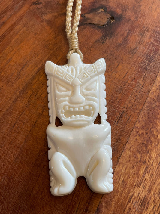 Finely Detailed Polynesian Hand Carved Solid Bone Tiki Adjustable Necklace