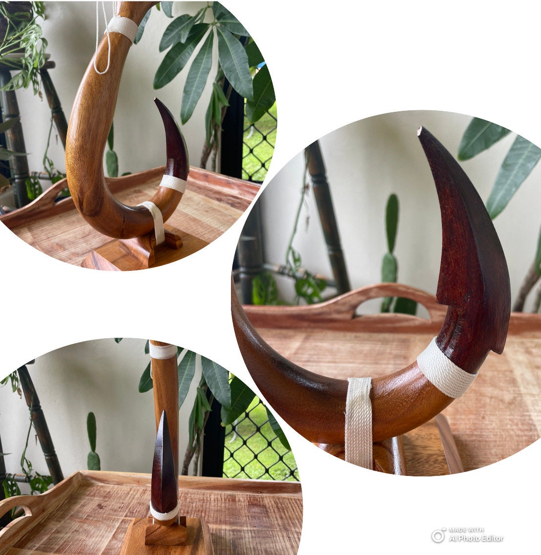 Handmade Albesia Wood Fish Hook – Hawaiian Makau Decor (12 inch)