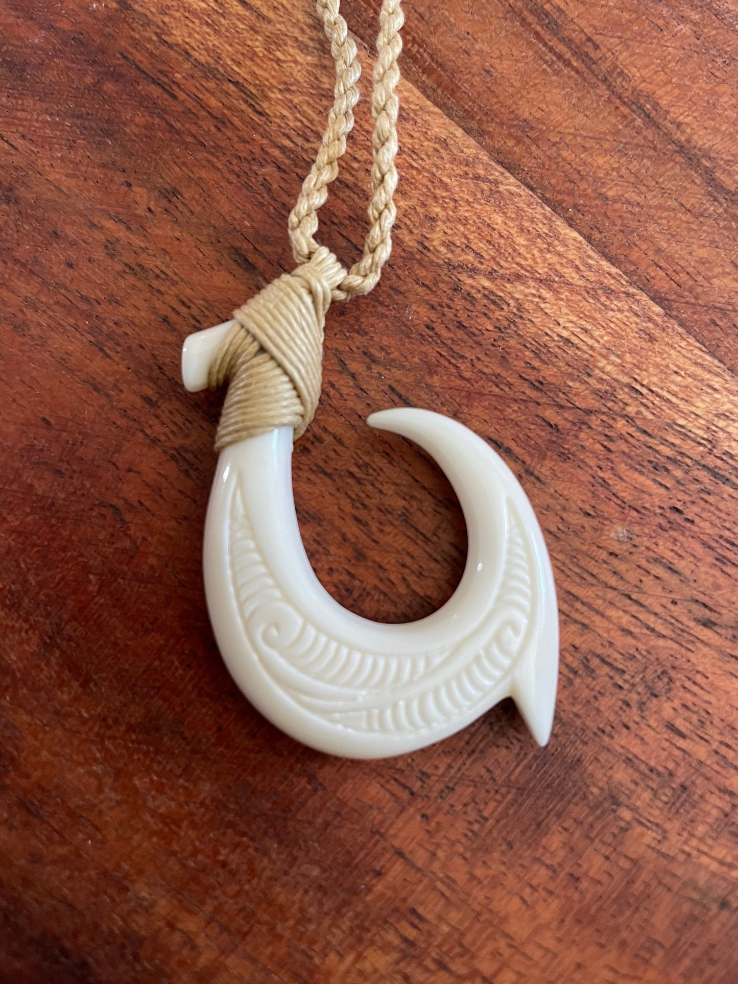 Polished Polynesian Solid Buffalo Bone Hei-Makau Fish Hook Adjustable Necklace