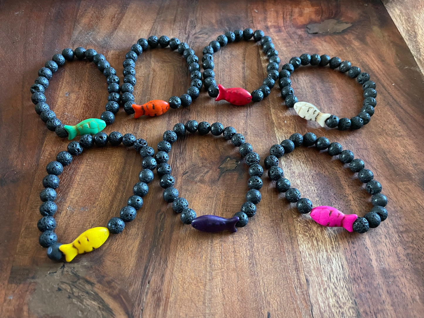 Authentic Lava Bead Elastic Bracelet with Clay Fish Bead