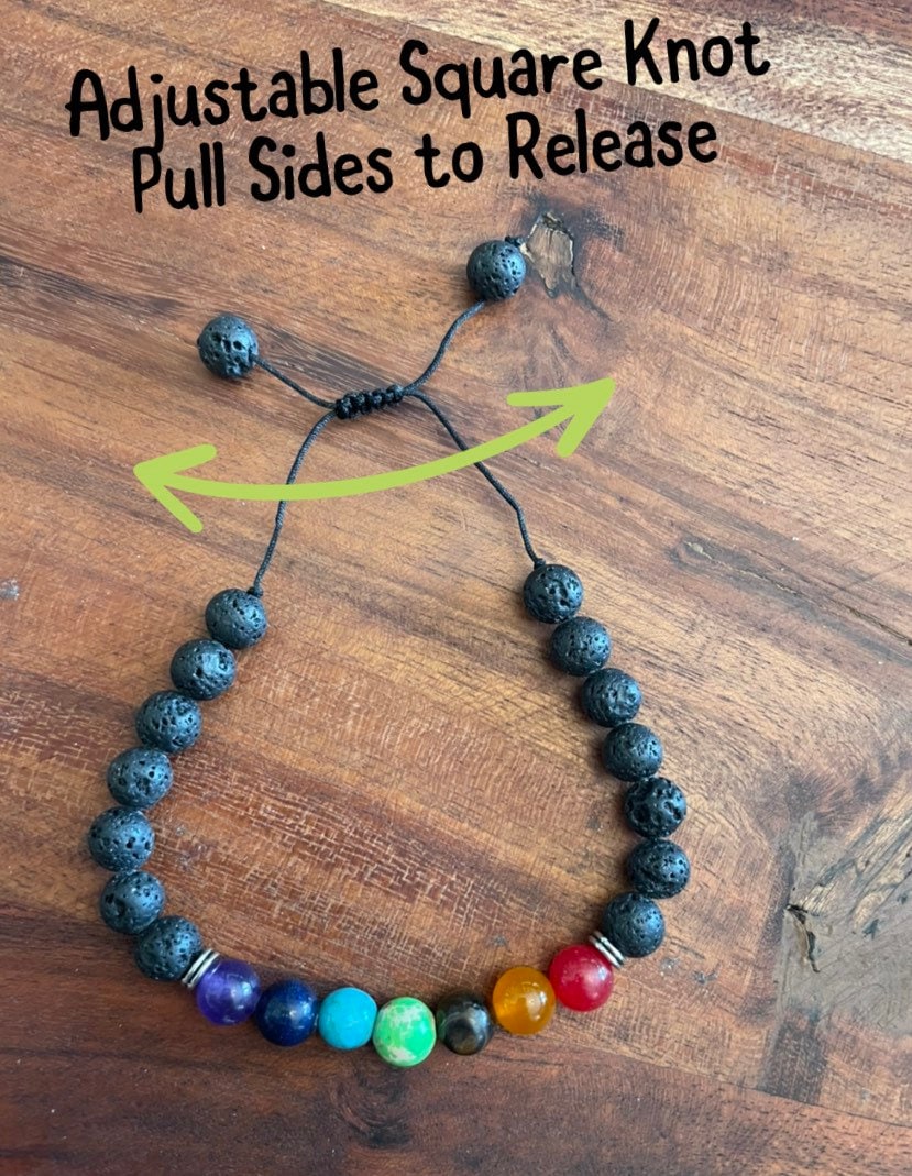 Adjustable REAL Porous Chakra Lava Bead Bracelet with Traditional Square Knot Design
