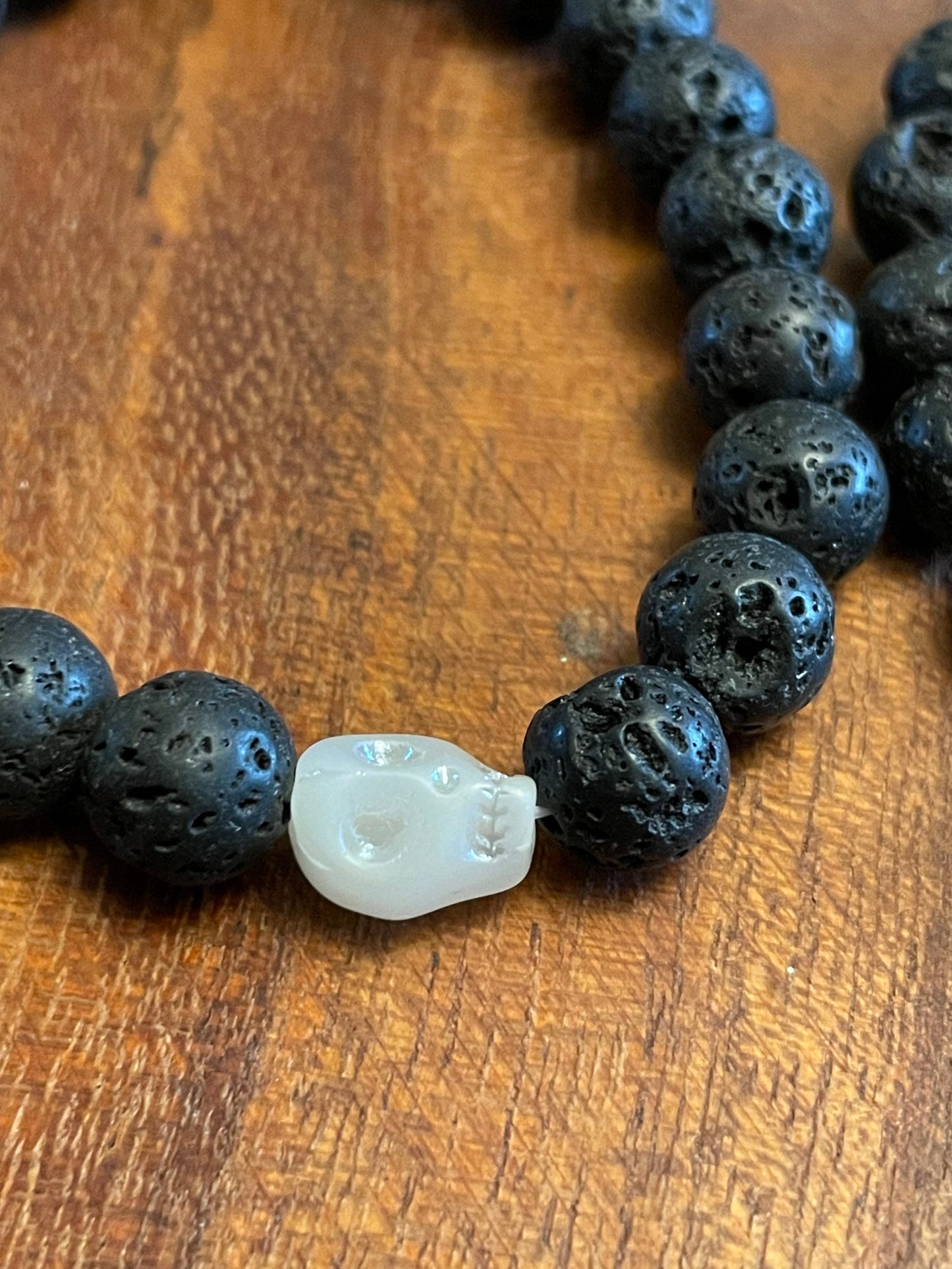 Authentic Hawaiian Lava Bead Bracelets with One-of-a-Kind Glass Skull Beads