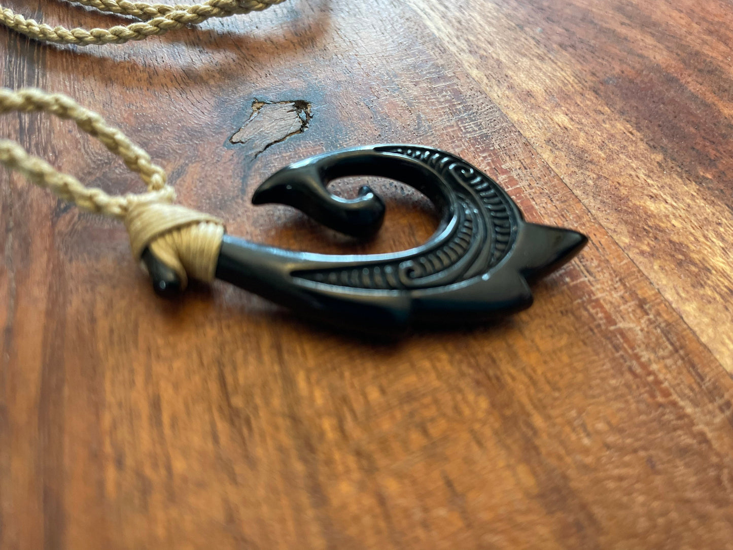 Handsome Onyx Dyed Solid Real Buffalo Bone Makau or Fish Hook Adjustable Necklace
