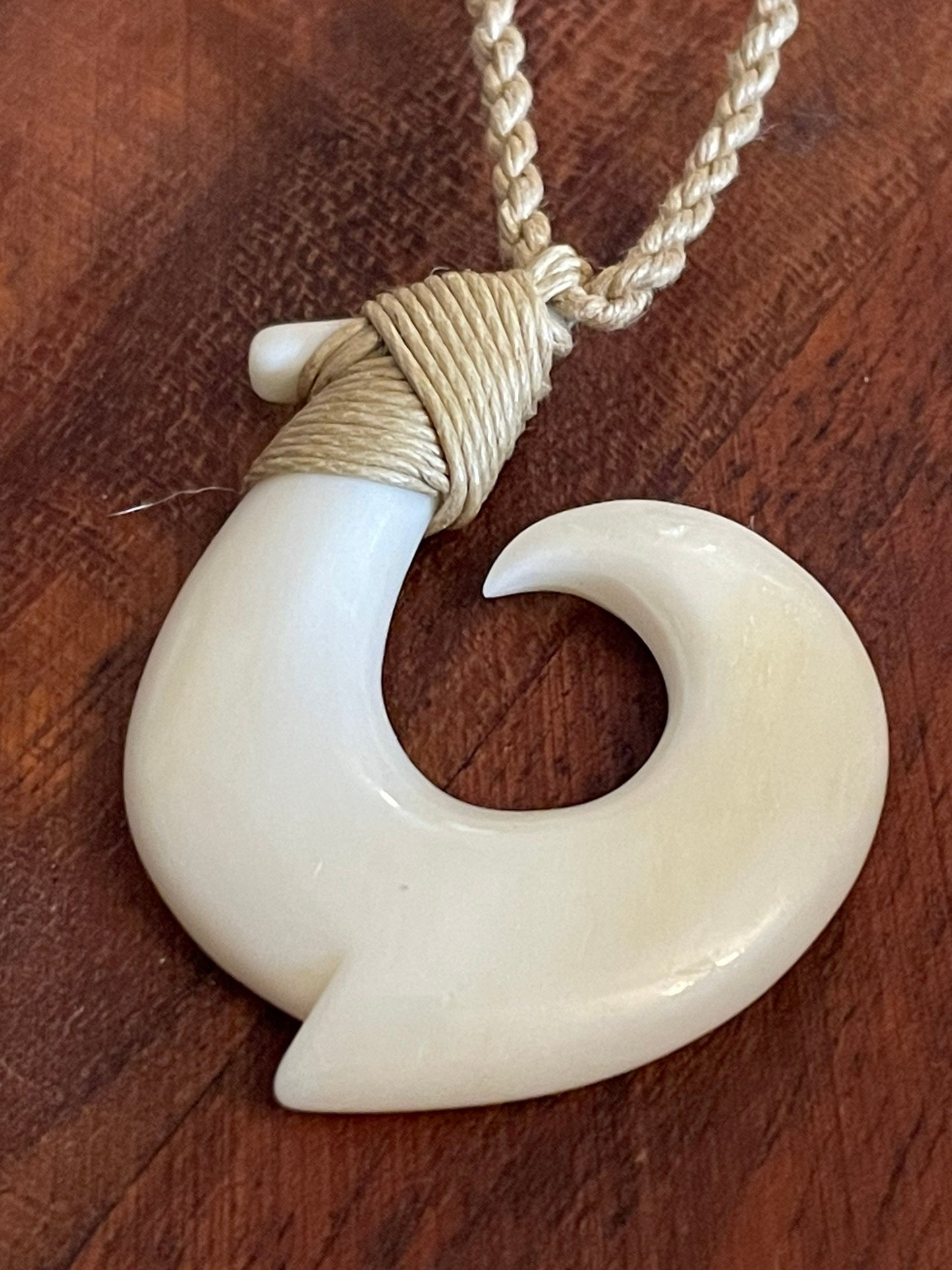 Hand Carved Bone Makau Necklace - Adjustable Polynesian Fish Hook
