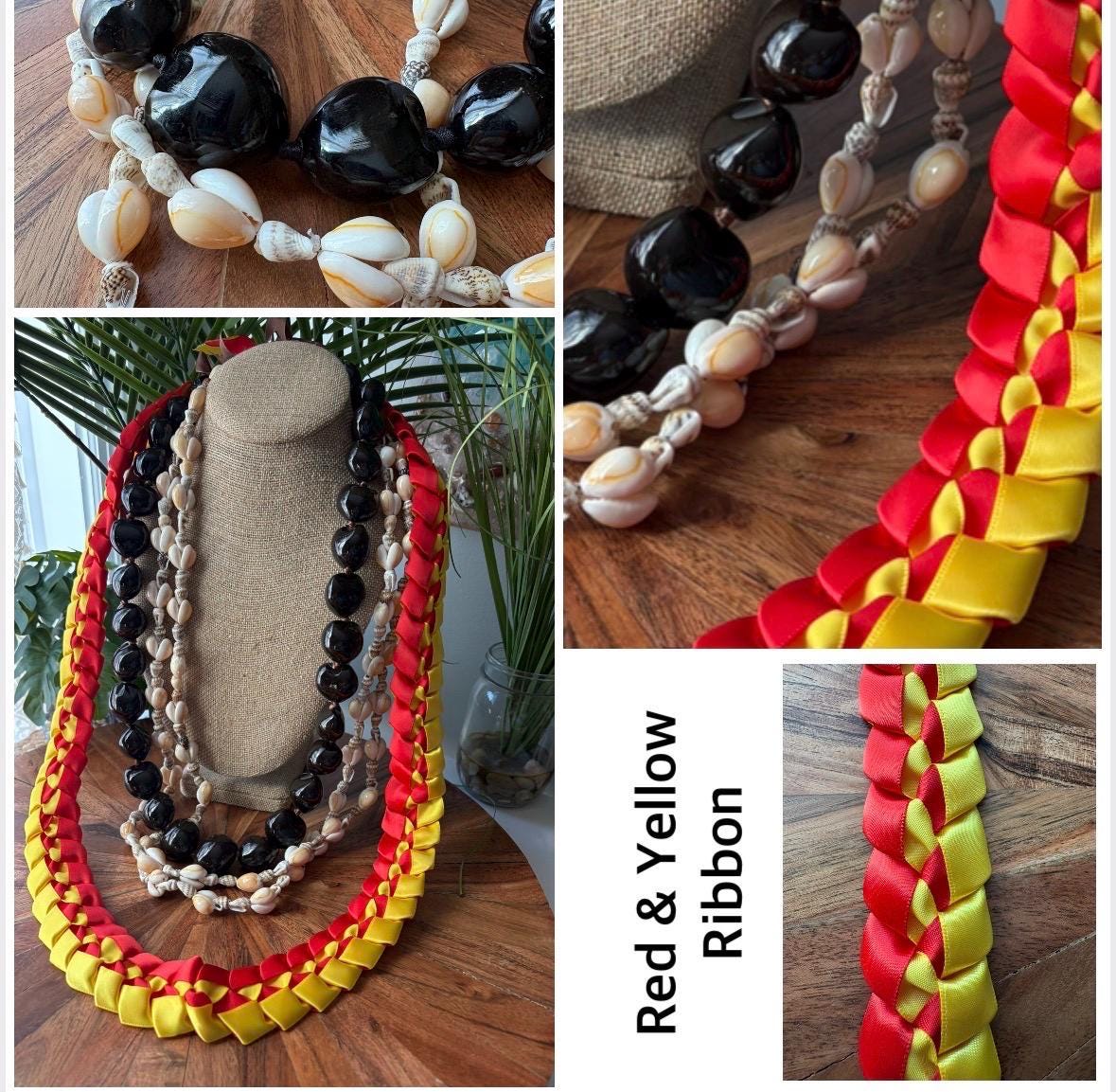 Hand Woven Ribbon Lei with Kukui Nut & Cowrie Shells
