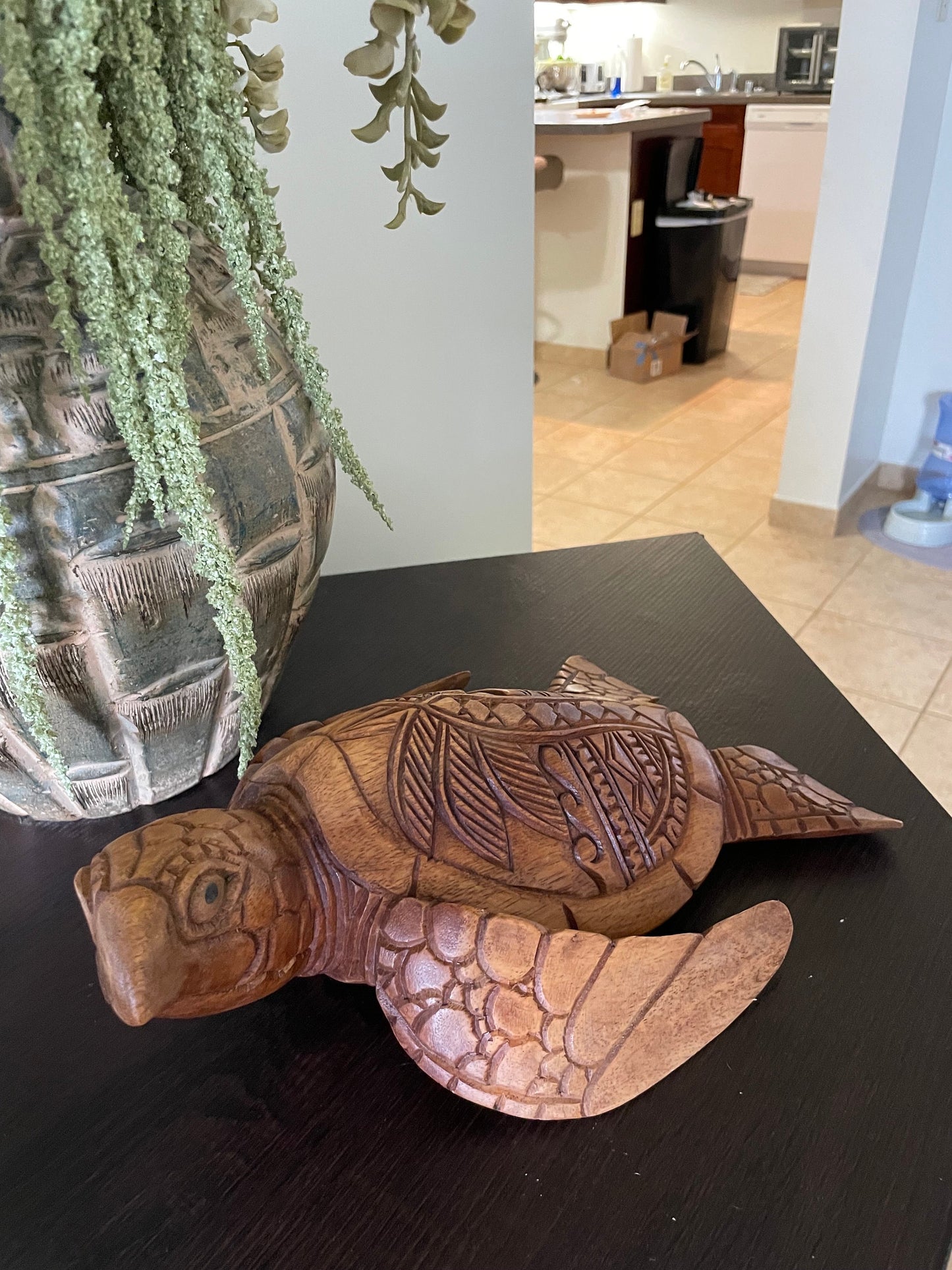 Hand Carved Wood Sea Turtle Decor, Tribal Palm Tree Design
