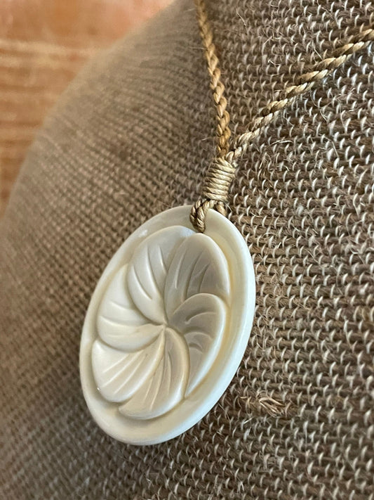Hand Carved Buffalo Bone Plumeria Necklace, Hawaiian Boho Jewelry