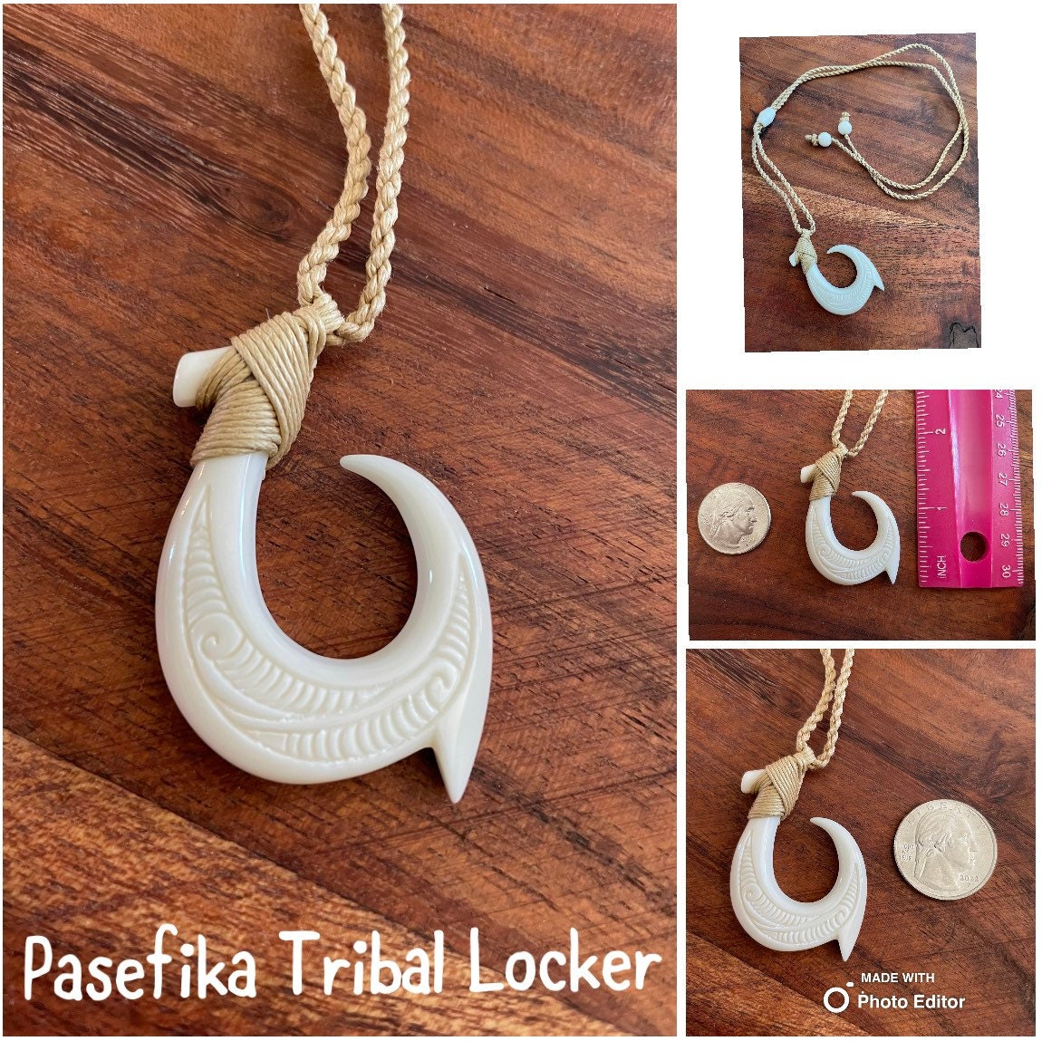 Polished Polynesian Solid Buffalo Bone Hei-Makau Fish Hook Adjustable Necklace